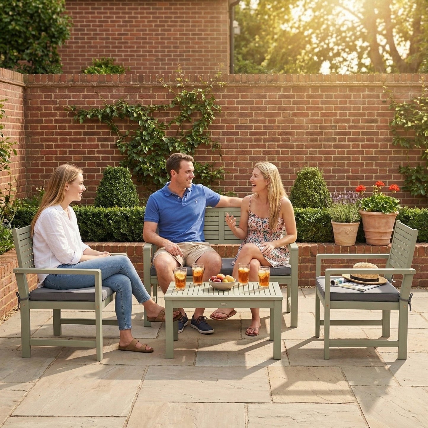 4 Seater Wooden Garden Furniture Set with Loveseat, 2 Armchairs, Wood-Top Table, Acacia Wood Garden Sofa Set with Cushions, Outdoor Furniture Conversation Sets, Light Grey