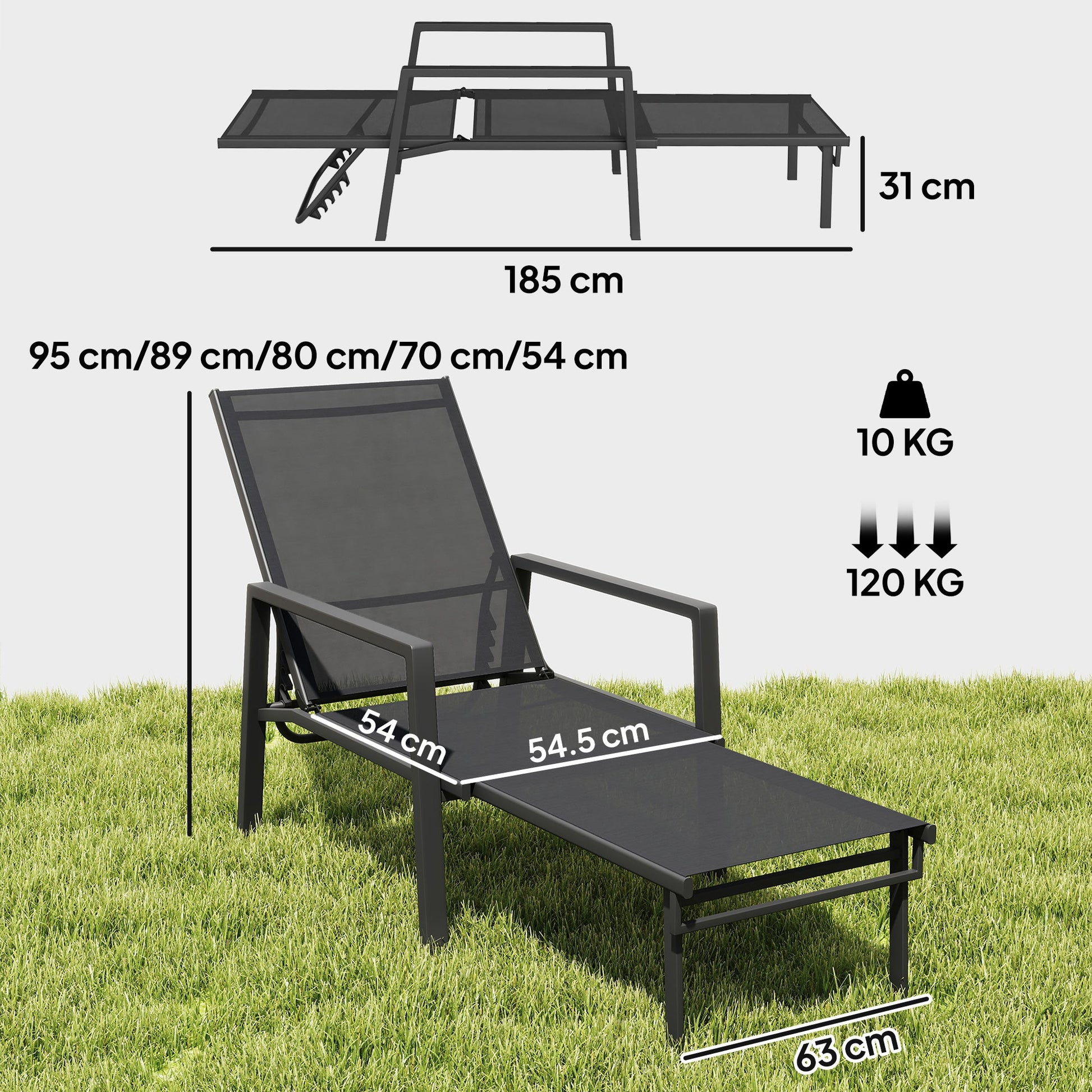 Sun Lounger with Retractable Footrest, 5-Position Adjustable Reclining Garden Lounger, Garden Chaise Lounge Sunbed Recliner Chair with Steel Frame for Beach, Porch, Patio, Camping, Black