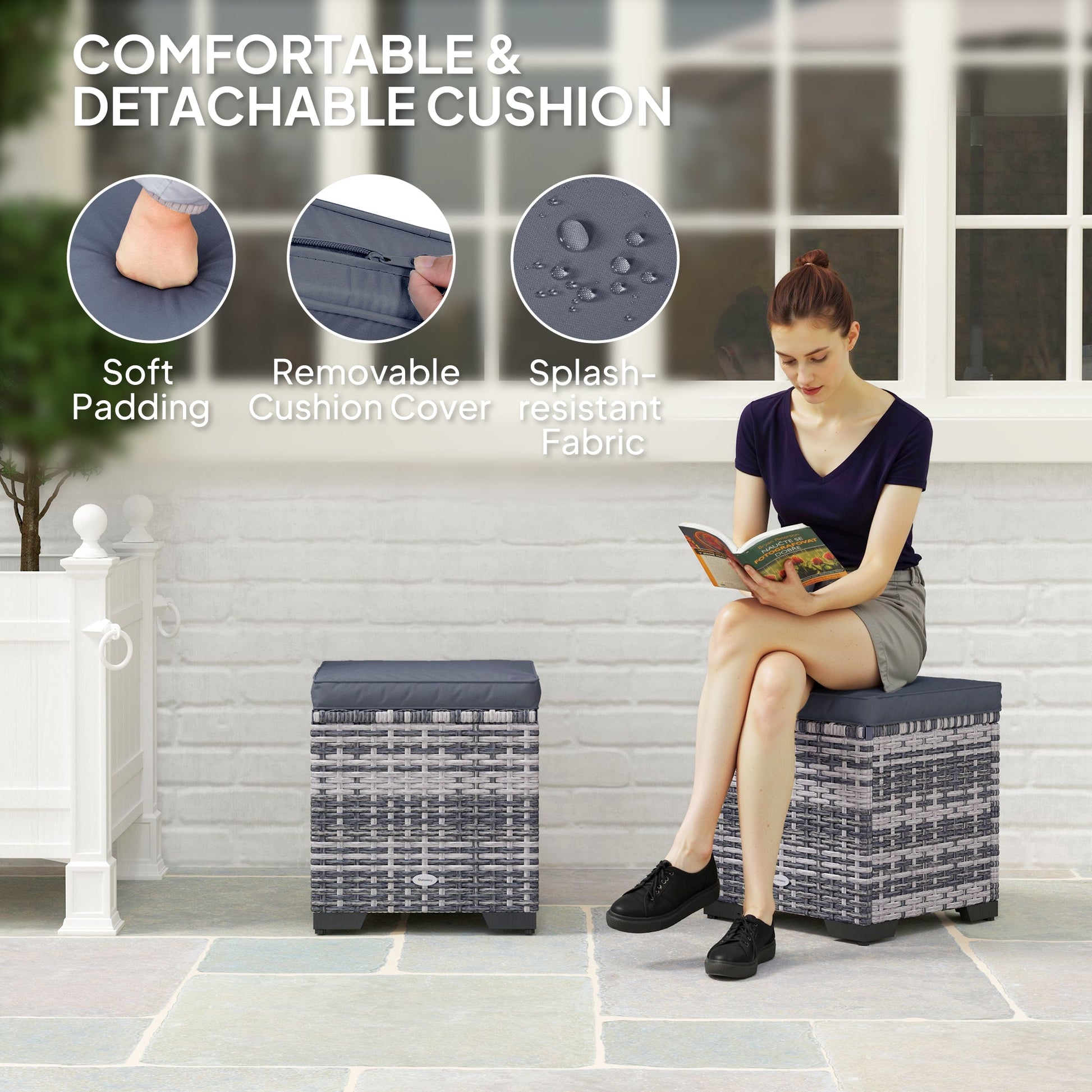 Set of 2 Rattan Storage Ottoman, Outdoor Footstool with Removable Cushions, Garden Storage Seat for Balcony, Poolside, Living Room, Dark Grey