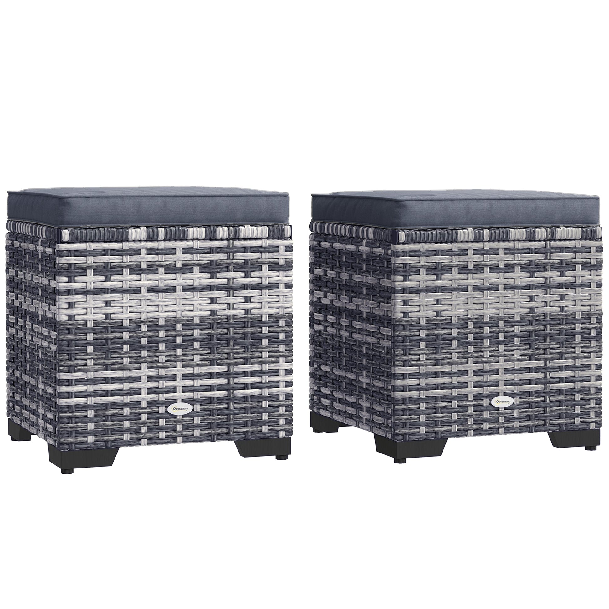 Set of 2 Rattan Storage Ottoman, Outdoor Footstool with Removable Cushions, Garden Storage Seat for Balcony, Poolside, Living Room, Dark Grey
