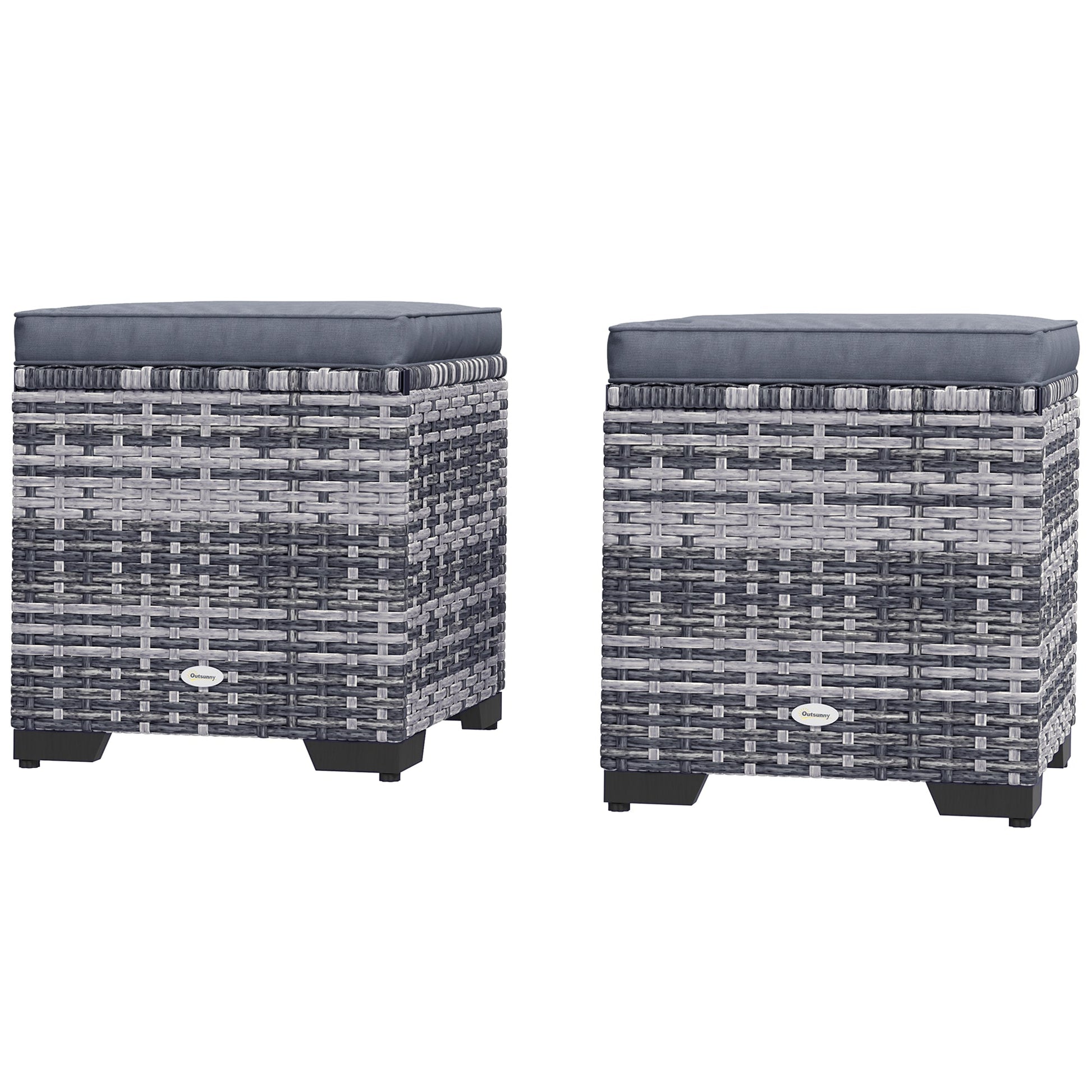 Set of 2 Rattan Storage Ottoman, Outdoor Footstool with Removable Cushions, Garden Storage Seat for Balcony, Poolside, Living Room, Dark Grey