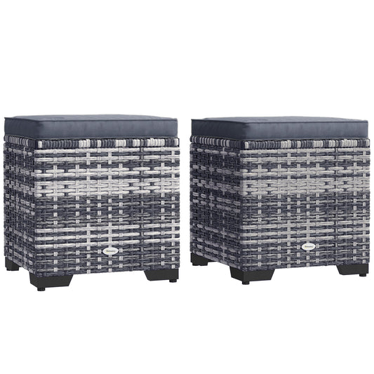 Set of 2 Rattan Storage Ottoman, Outdoor Footstool with Removable Cushions, Garden Storage Seat for Balcony, Poolside, Living Room, Dark Grey