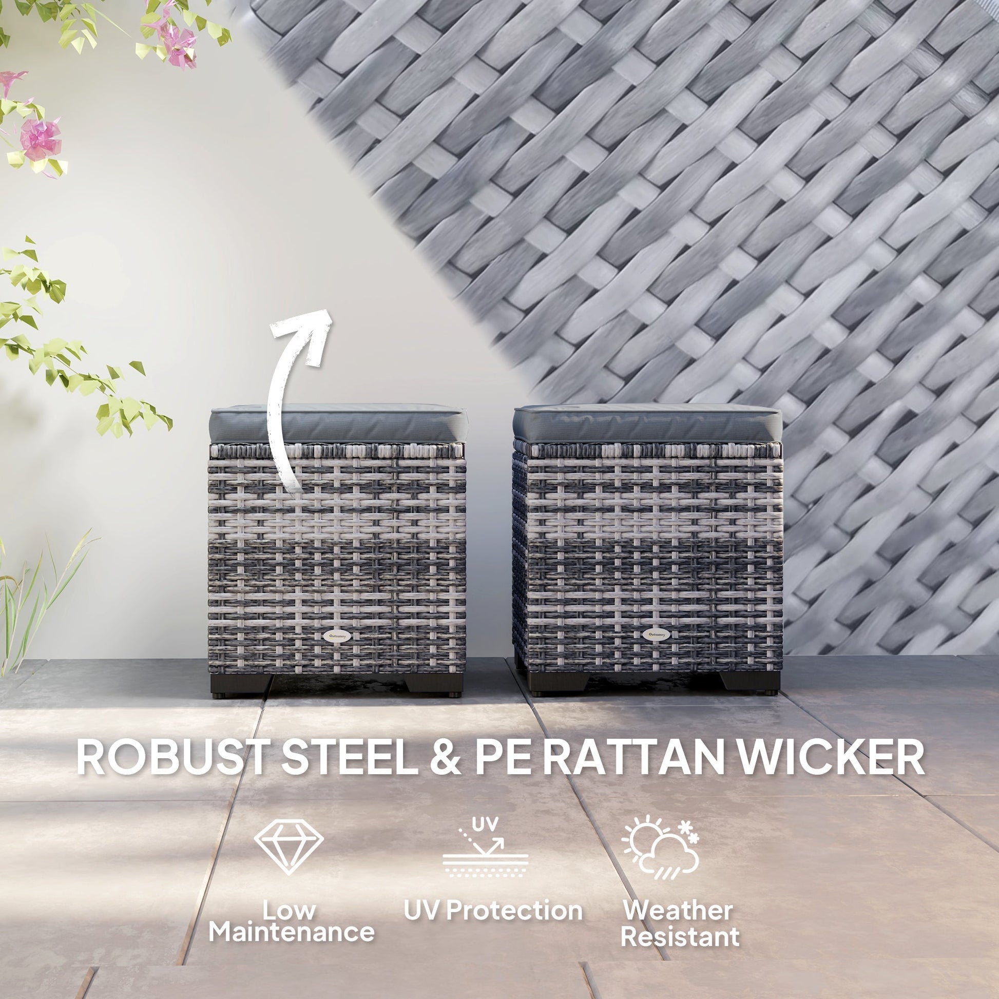 Set of 2 Rattan Storage Ottoman, Outdoor Footstool with Removable Cushions, Garden Storage Seat for Balcony, Poolside, Living Room, Dark Grey