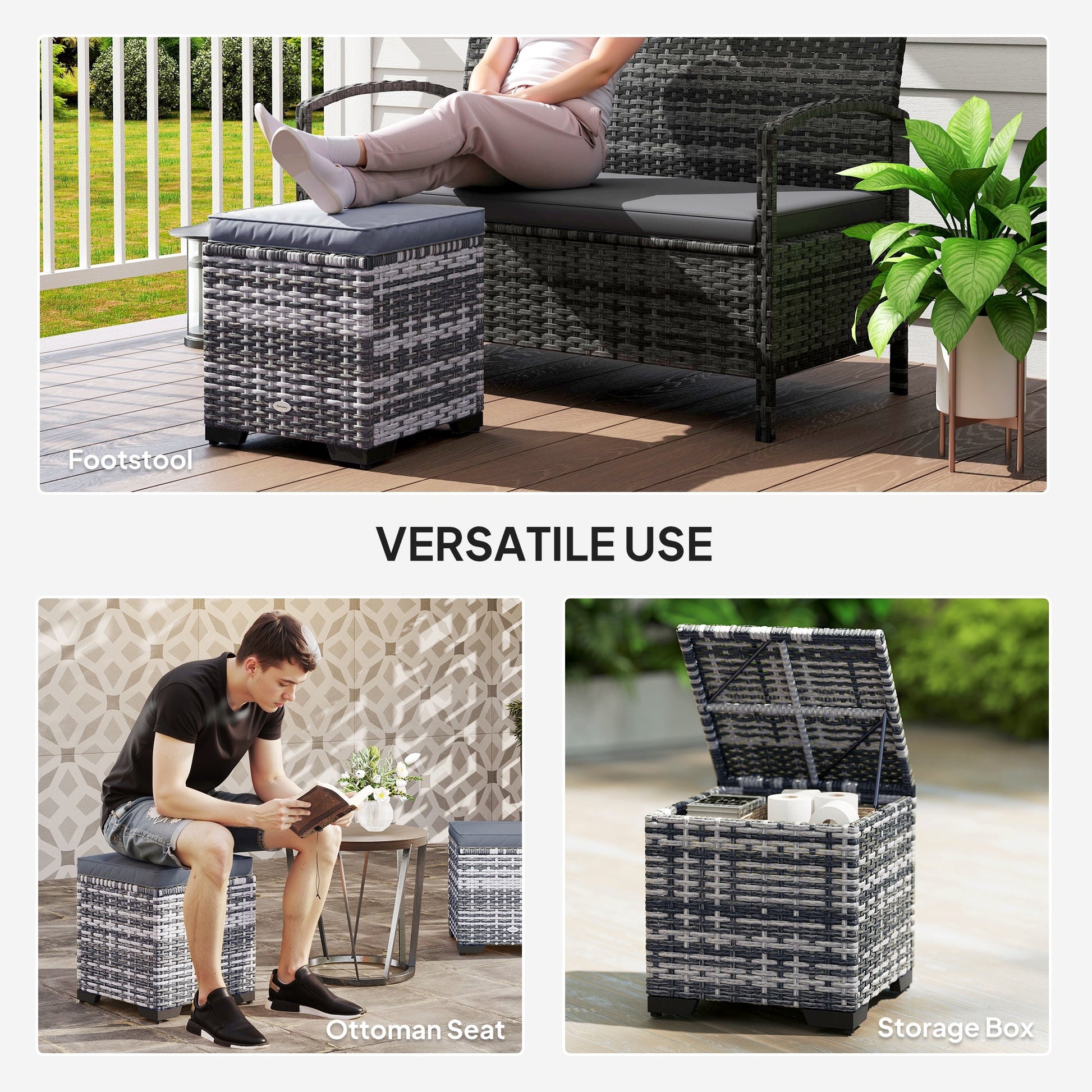 Set of 2 Rattan Storage Ottoman, Outdoor Footstool with Removable Cushions, Garden Storage Seat for Balcony, Poolside, Living Room, Dark Grey