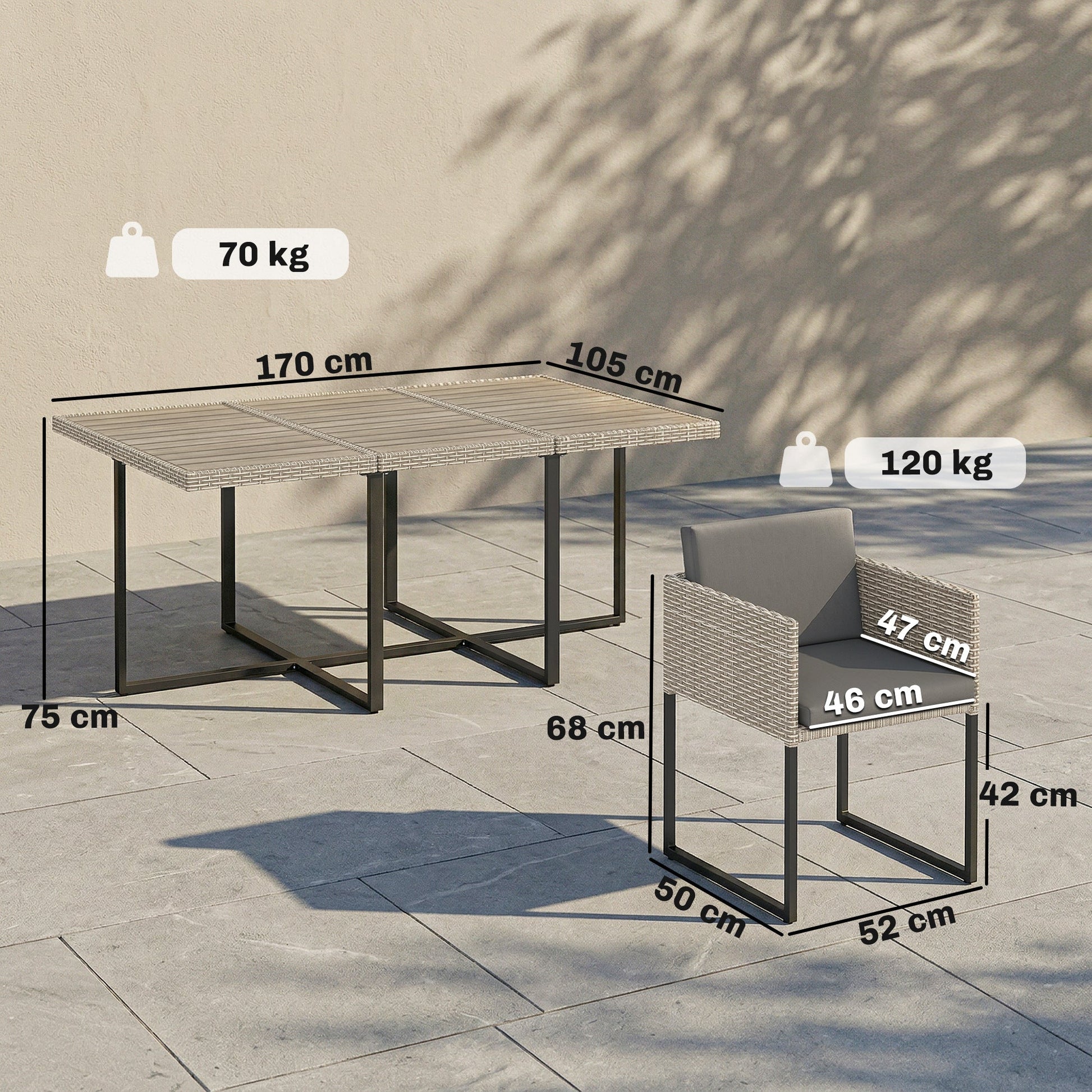 7 Piece Rattan Garden Furniture Set, Garden Dining Set with Wood-Plastic Table and 6 Stackable Chairs, Rattan Table and Chairs with 12 Cushions for Patio Terrace, Light Grey