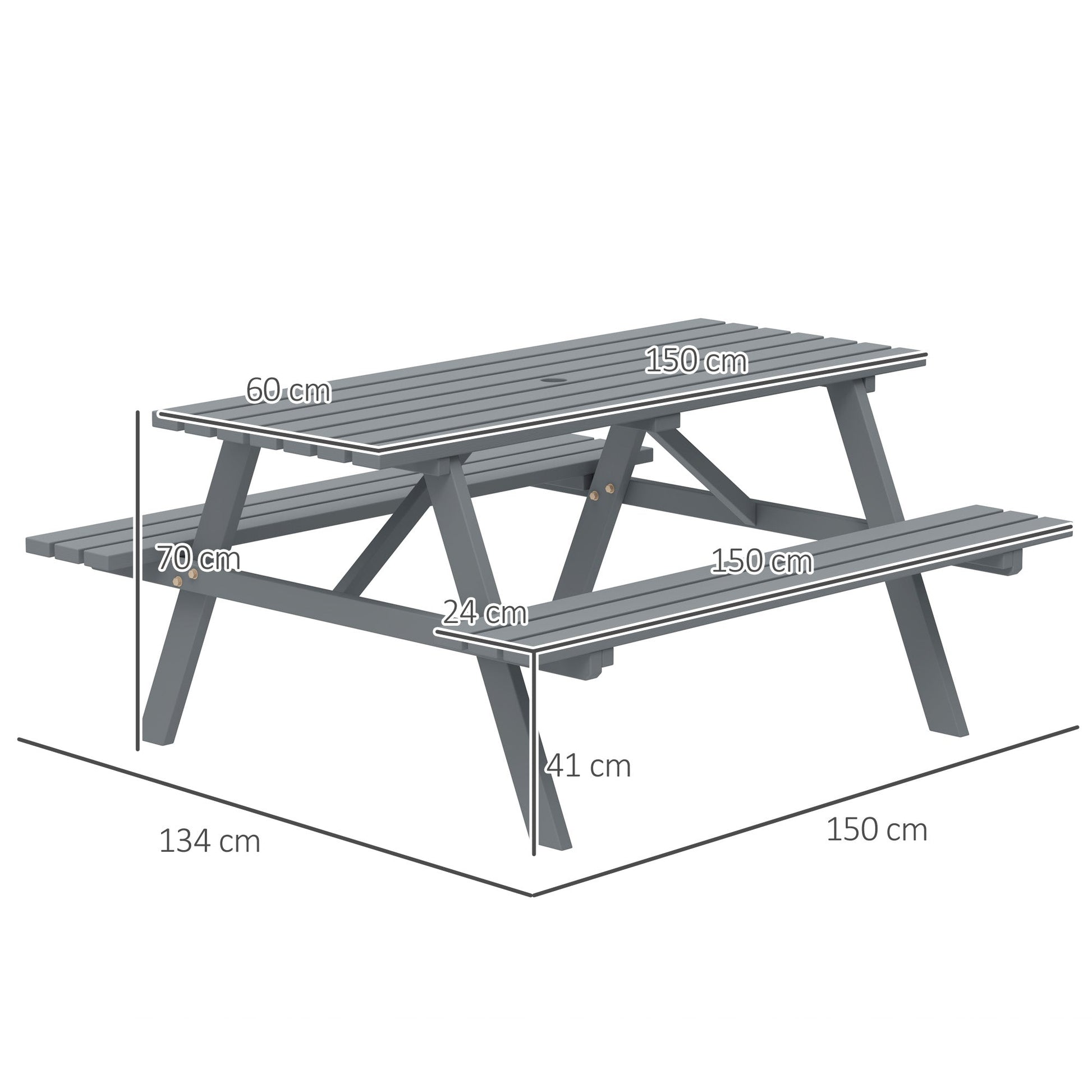 6 Seater Wooden Picnic Table Bench for Outdoor Garden or Patio with Parasol Cutout 150 cm Grey