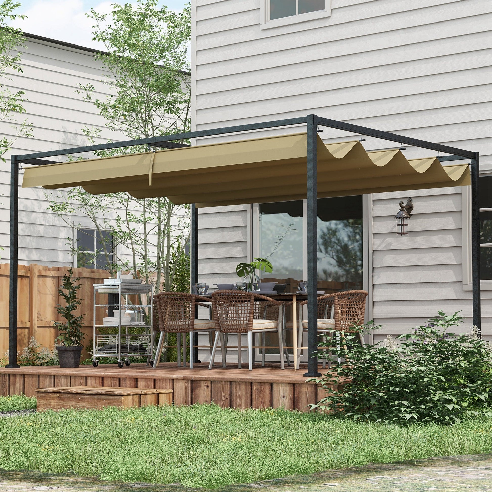 3 x 2m Metal Outdoor Pergola with Retractable Roof, Outdoor Gazebo Canopy Shelter with Drainage Holes for Garden, Patio, Lawn, Khaki