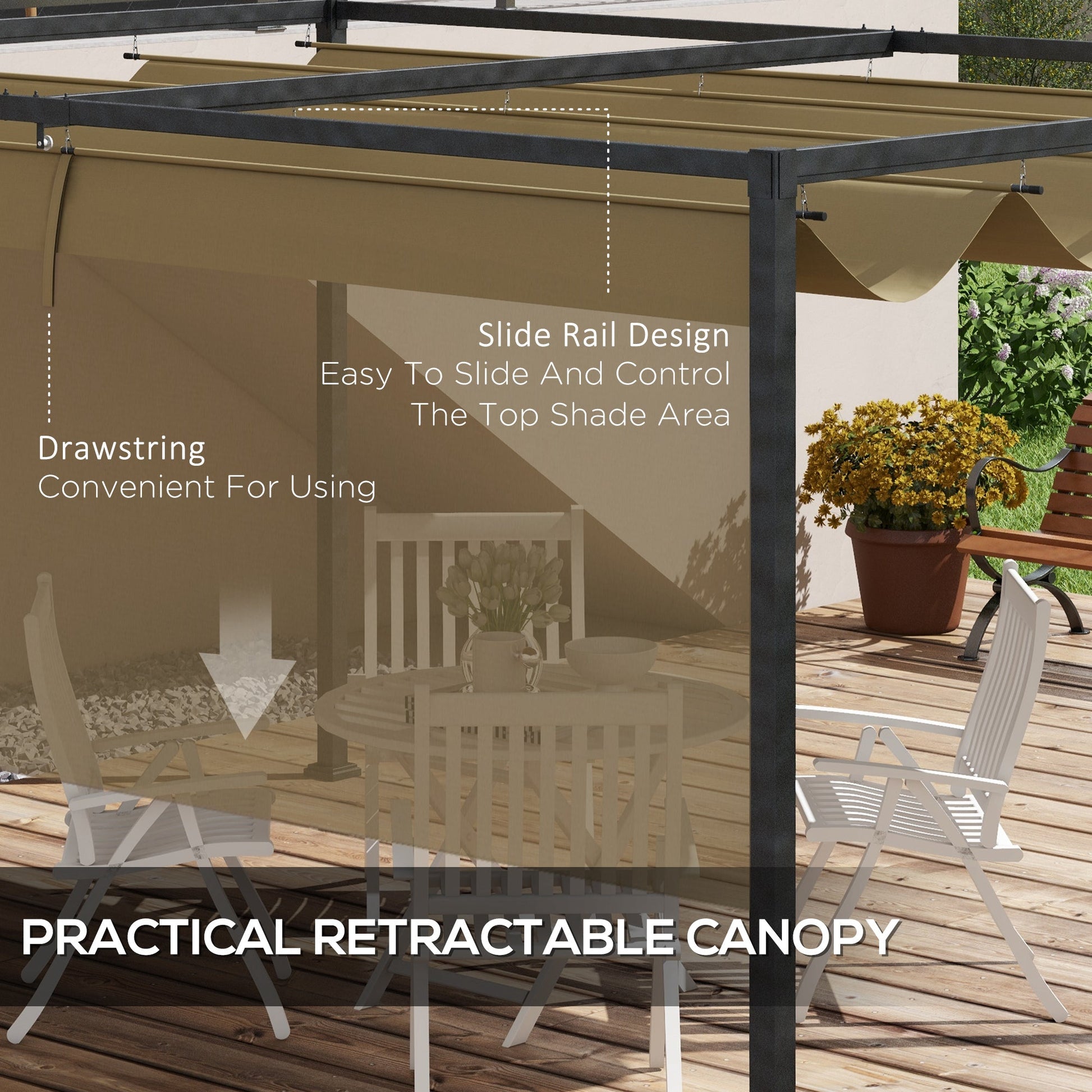 3 x 2m Metal Outdoor Pergola with Retractable Roof, Outdoor Gazebo Canopy Shelter with Drainage Holes for Garden, Patio, Lawn, Khaki