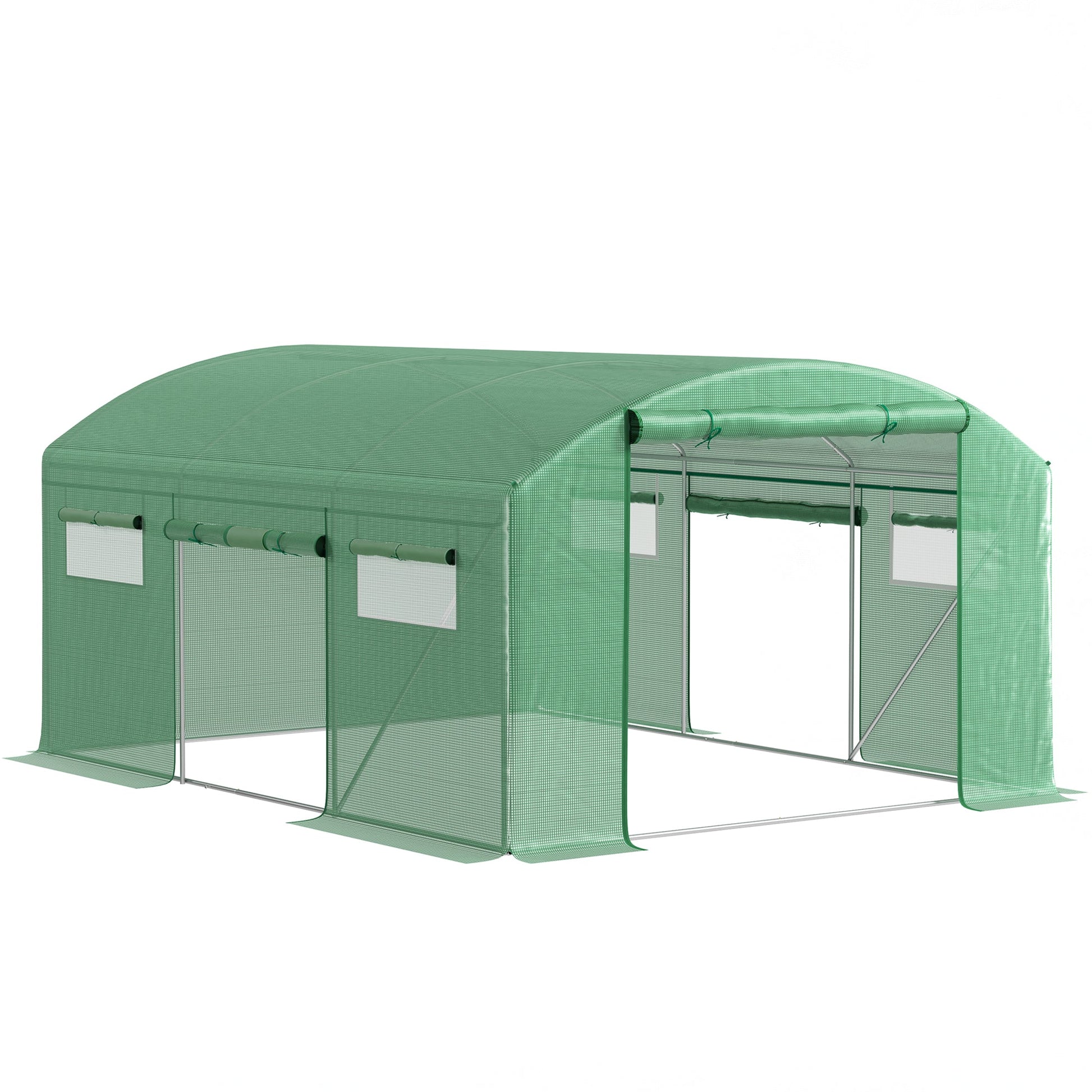 4 x 3 x 2m Polytunnel Greenhouse with 3 Roll-up Doors and Mesh Windows, Walk-in Garden Tunnel Warm House Tent with UV-resistant PE Cover and Galvanised Steel Frame, Green