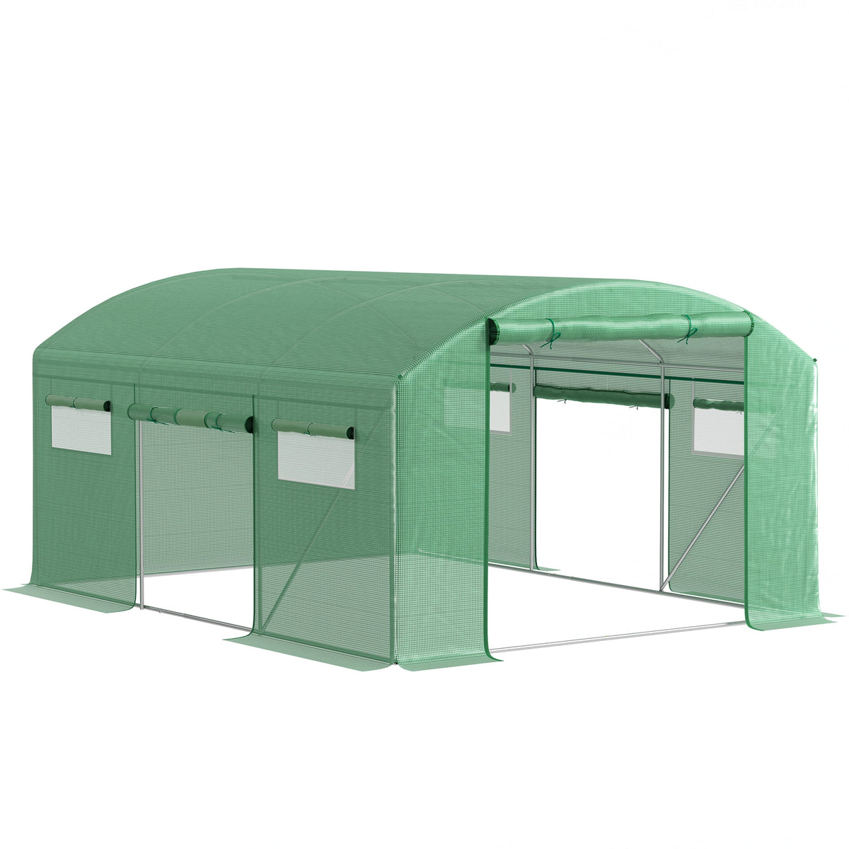 4 x 3 x 2m Polytunnel Greenhouse with 3 Roll-up Doors and Mesh Windows, Walk-in Garden Tunnel Warm House Tent with UV-resistant PE Cover and Galvanised Steel Frame, Green
