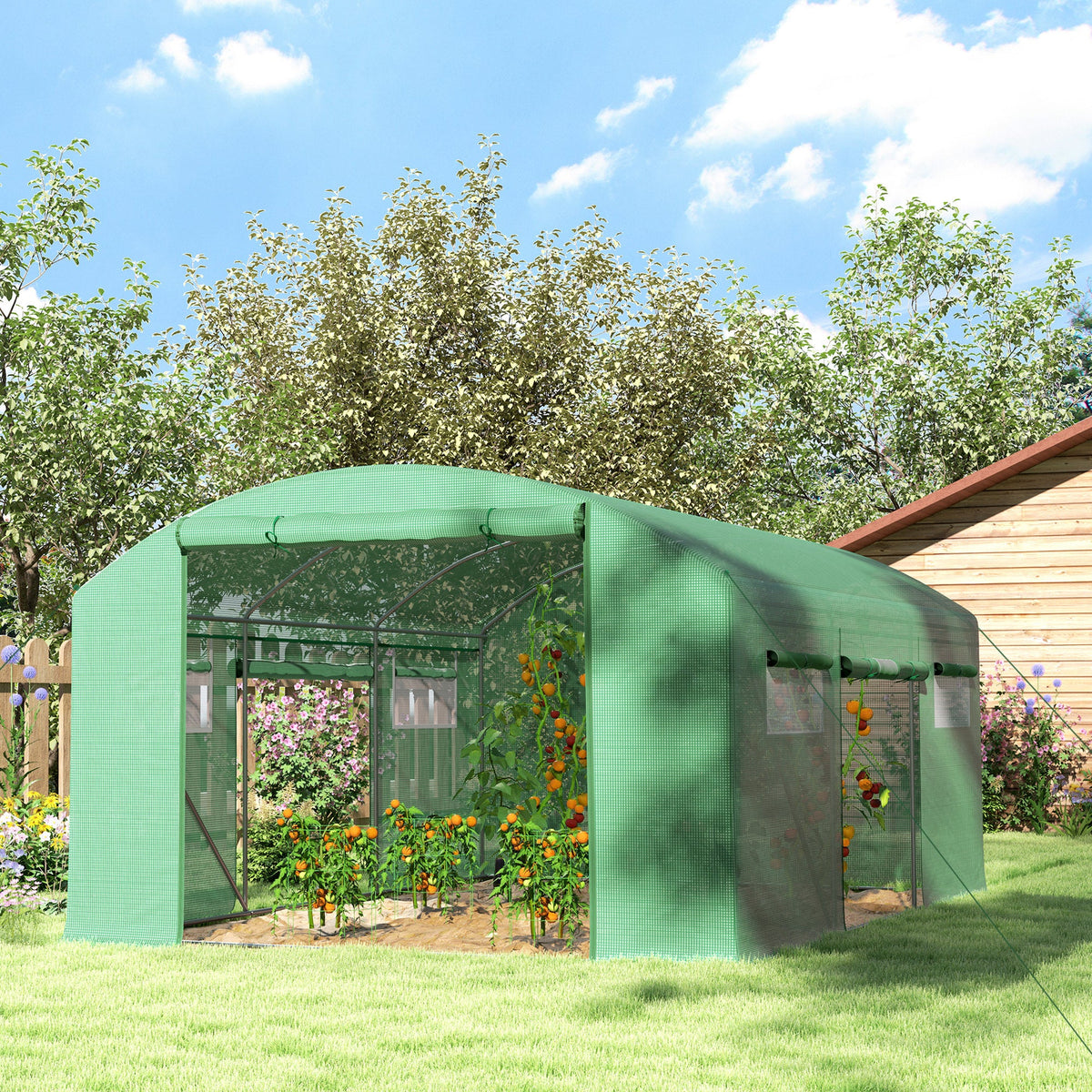 4 x 3 x 2m Polytunnel Greenhouse with 3 Roll-up Doors and Mesh Windows, Walk-in Garden Tunnel Warm House Tent with UV-resistant PE Cover and Galvanised Steel Frame, Green