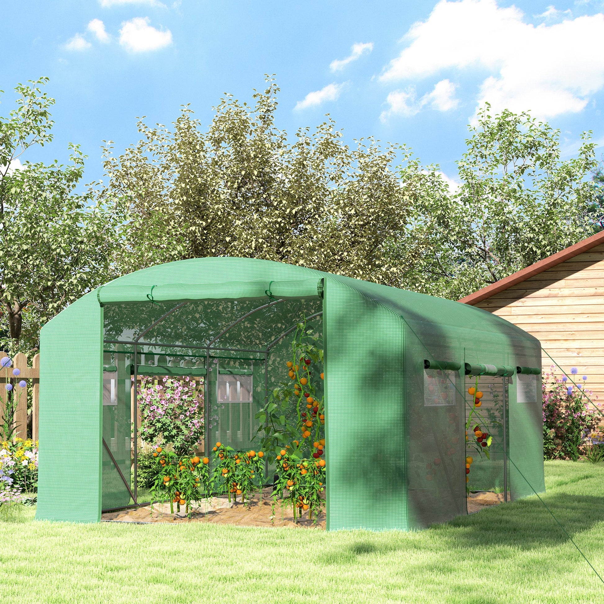 4 x 3 x 2m Polytunnel Greenhouse with 3 Roll-up Doors and Mesh Windows, Walk-in Garden Tunnel Warm House Tent with UV-resistant PE Cover and Galvanised Steel Frame, Green