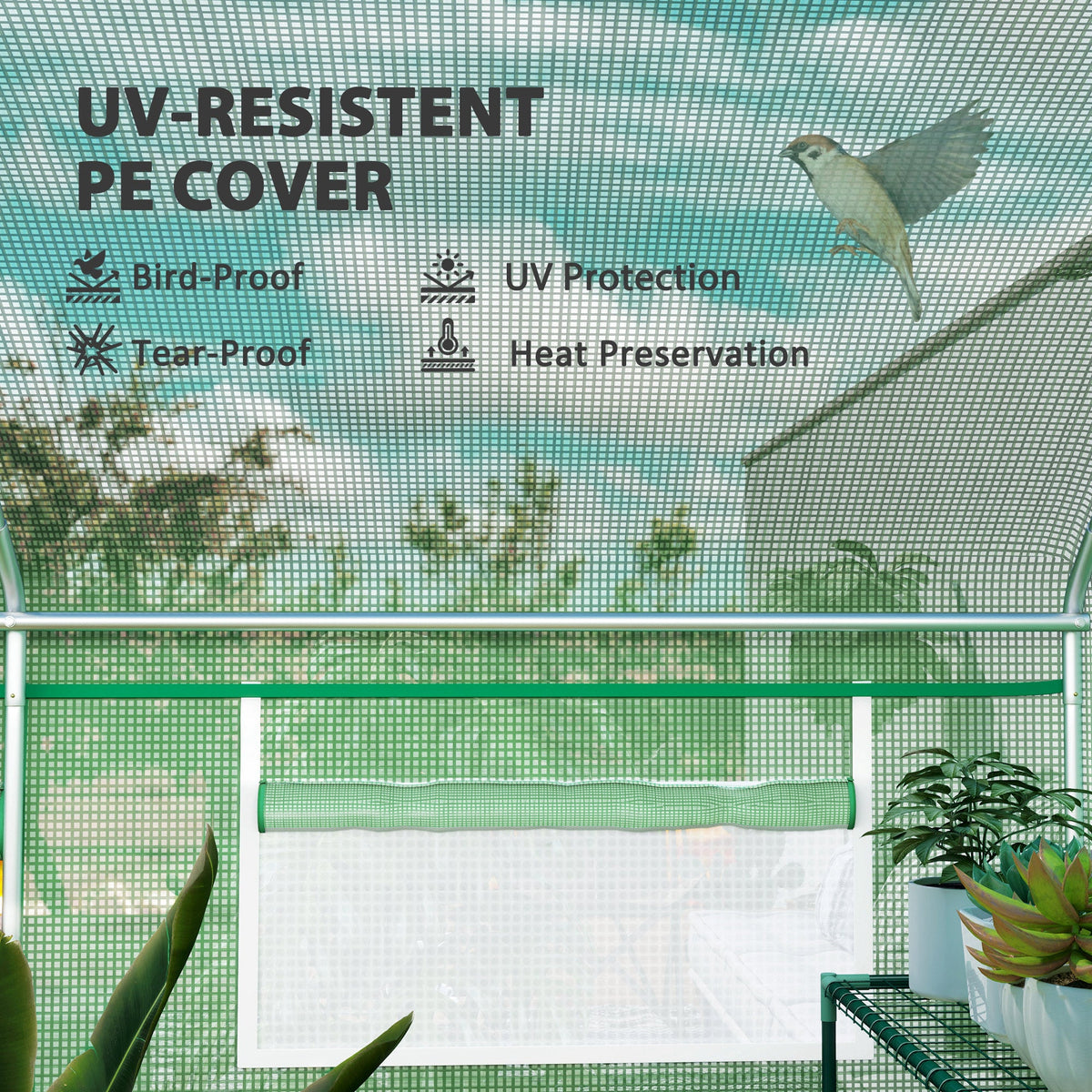 4 x 3 x 2m Polytunnel Greenhouse with 3 Roll-up Doors and Mesh Windows, Walk-in Garden Tunnel Warm House Tent with UV-resistant PE Cover and Galvanised Steel Frame, Green