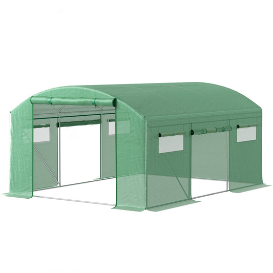 4 x 3 x 2m Polytunnel Greenhouse with 3 Roll-up Doors and Mesh Windows, Walk-in Garden Tunnel Warm House Tent with UV-resistant PE Cover and Galvanised Steel Frame, Green
