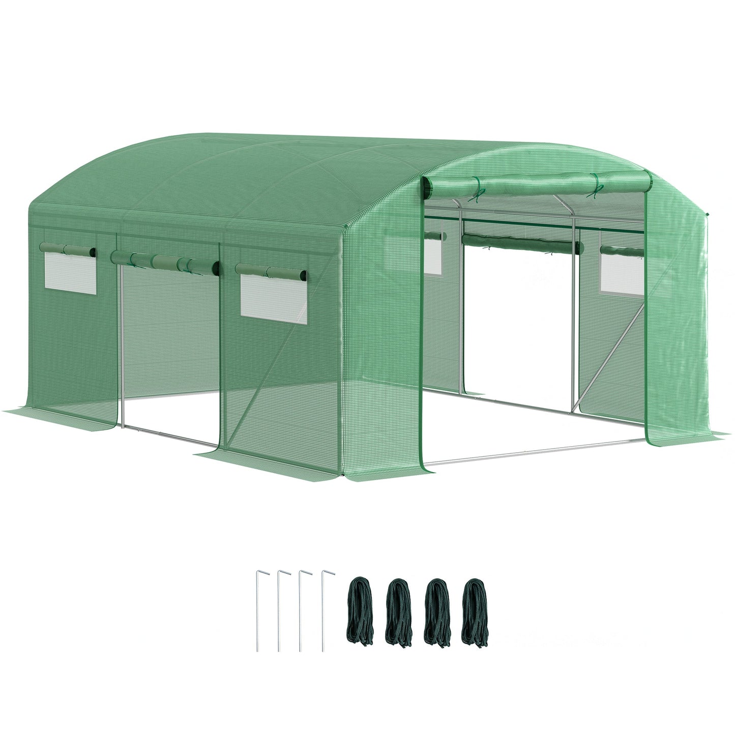 4 x 3 x 2m Polytunnel Greenhouse with 3 Roll-up Doors and Mesh Windows, Walk-in Garden Tunnel Warm House Tent with UV-resistant PE Cover and Galvanised Steel Frame, Green