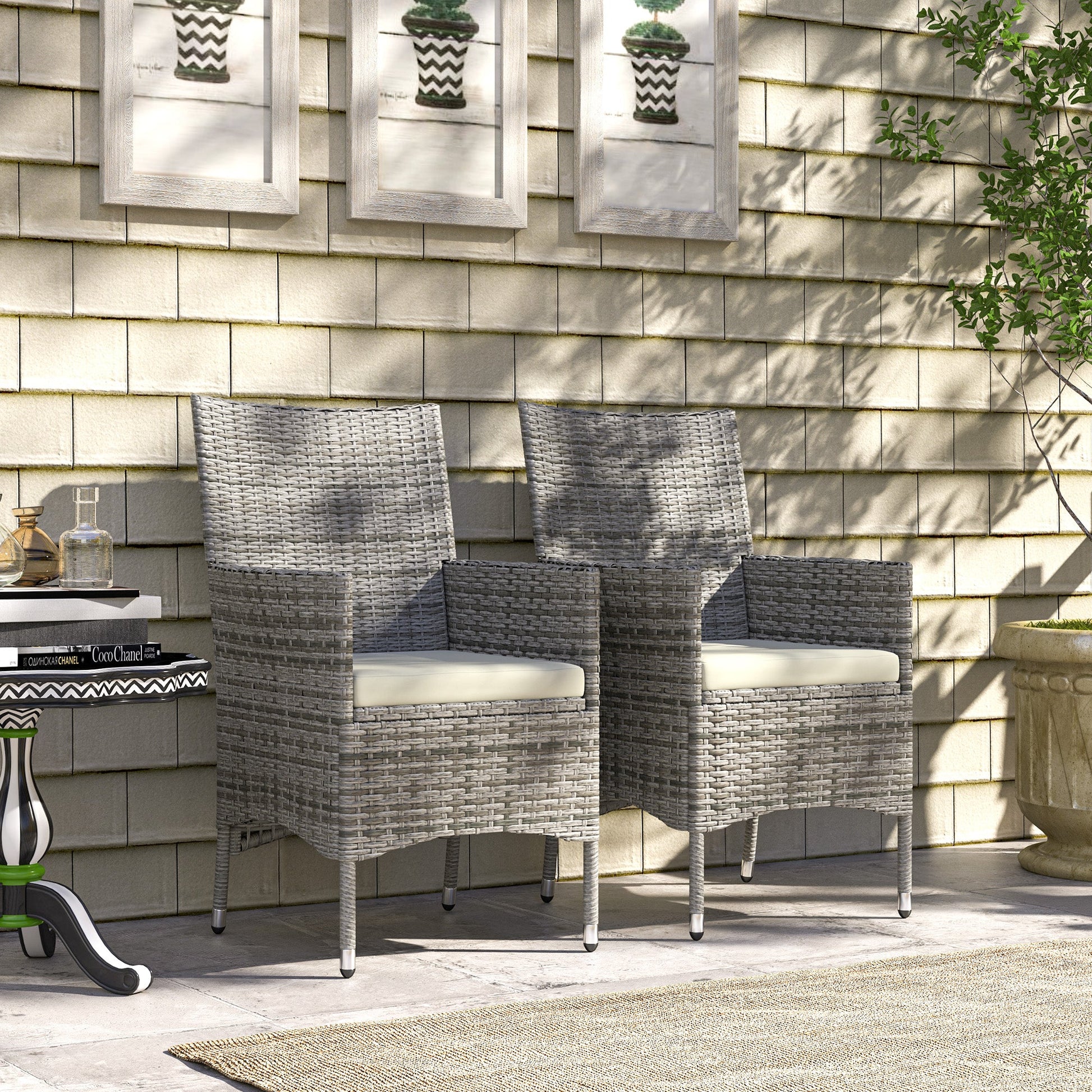2 Pieces Outdoor PE Rattan Dining Chairs Set with Cushion, Garden Armchair with Armrests, High Backrest, Metal Frame Patio Wicker Furniture, Mixed Grey