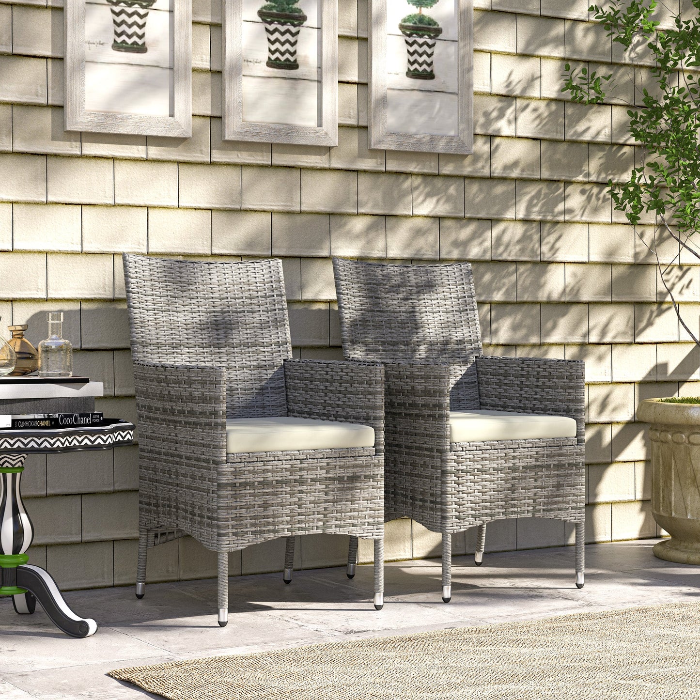 2 Pieces Outdoor PE Rattan Dining Chairs Set with Cushion, Garden Armchair with Armrests, High Backrest, Metal Frame Patio Wicker Furniture, Mixed Grey