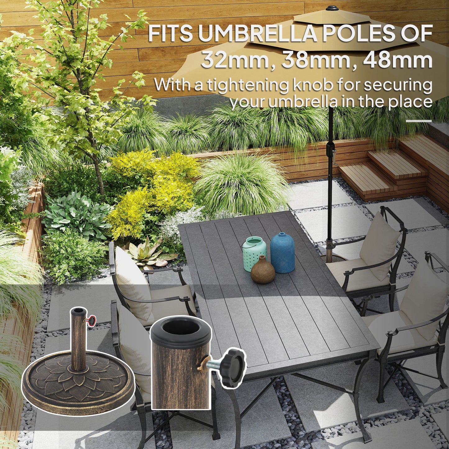 12kg Resin Garden Parasol Base, Round Umbrella Base, Heavy Duty Sun Umbrella Base for 32, 38, 48 mm Umbrella Poles for Deck Poolside, Bronze Tone