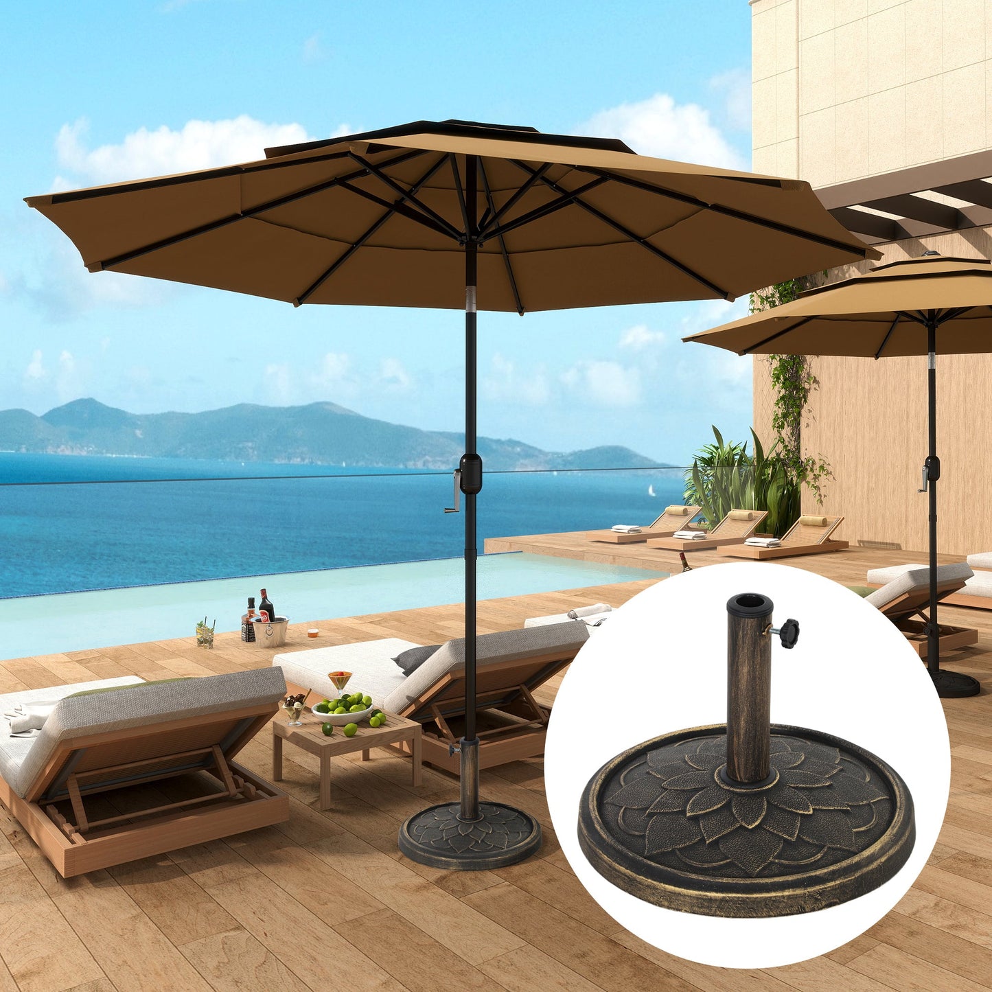 12kg Resin Garden Parasol Base, Round Umbrella Base, Heavy Duty Sun Umbrella Base for 32, 38, 48 mm Umbrella Poles for Deck Poolside, Bronze Tone