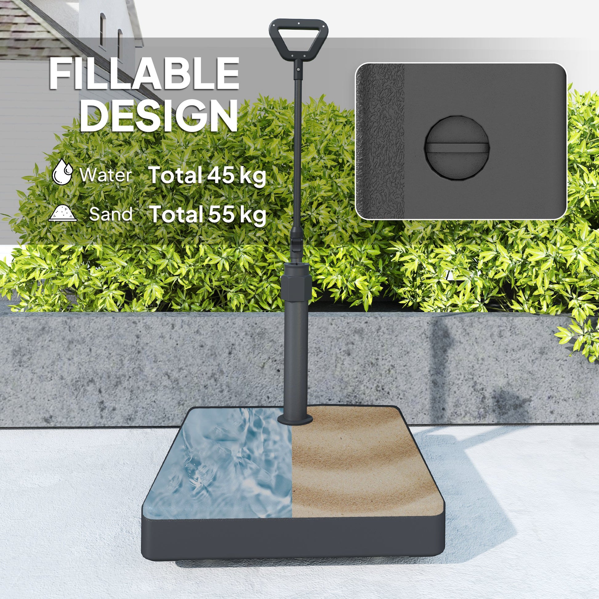 Garden Parasol Base with Adjustable Wheels and Handle, Garden Sun Umbrella Base Parasol Stand, Filled Up to 55kg with Stand, 45kg with Water for 35, 38, 48 mm Poles, Black