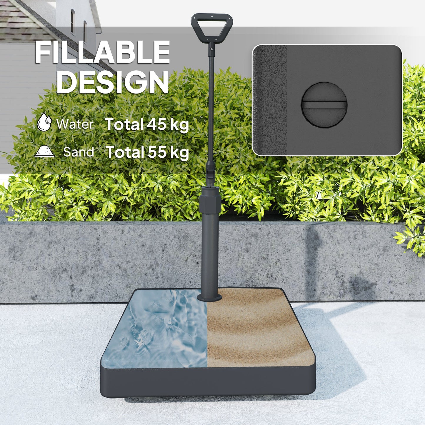 Garden Parasol Base with Adjustable Wheels and Handle, Garden Sun Umbrella Base Parasol Stand, Filled Up to 55kg with Stand, 45kg with Water for 35, 38, 48 mm Poles, Black
