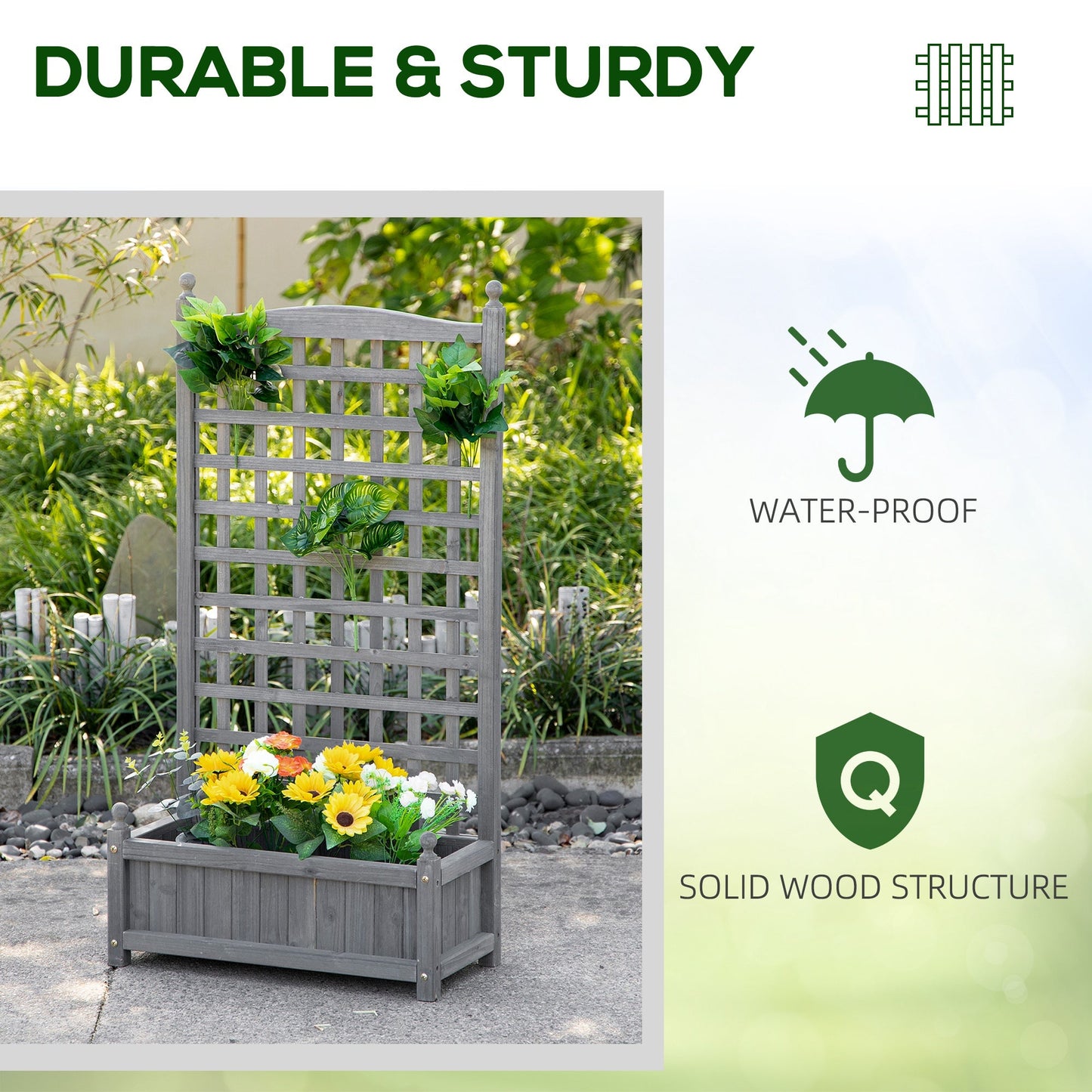 Garden Planters with Trellis for Climbing Vines, Wooden Raised Beds for Garden, Free Standing Flower Pot, Indoor Outdoor Display Rack, 64 x 28 x 120 cm, Grey