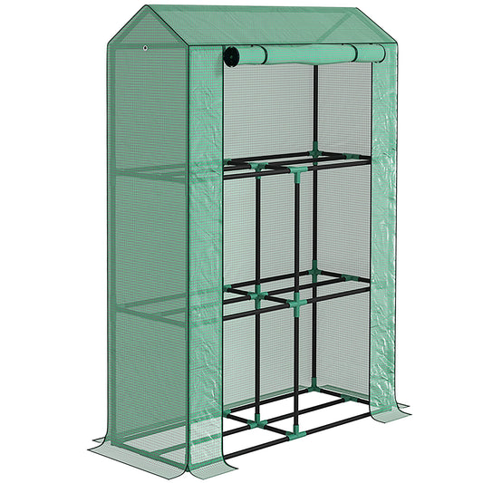 3 Tier Mini Greenhouse with Reinforced PE Cover, Portable Small Greenhouse with Roll-Up Door, 100 x 40 x 150cm, Green