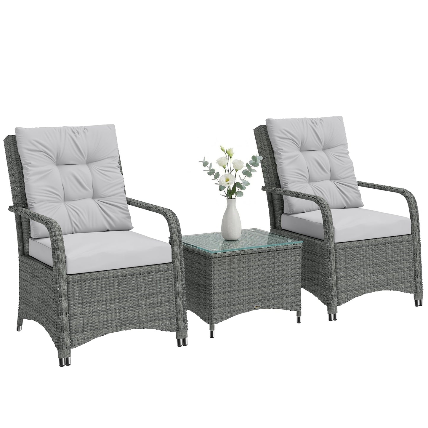 3 Pieces Rattan Bistro Set, Wicker Garden Furniture Set with Metal Frame, Cover, Glass Top Coffee Table, Chairs and Cushions for Outdoor, Patio, Balcony, Light Grey