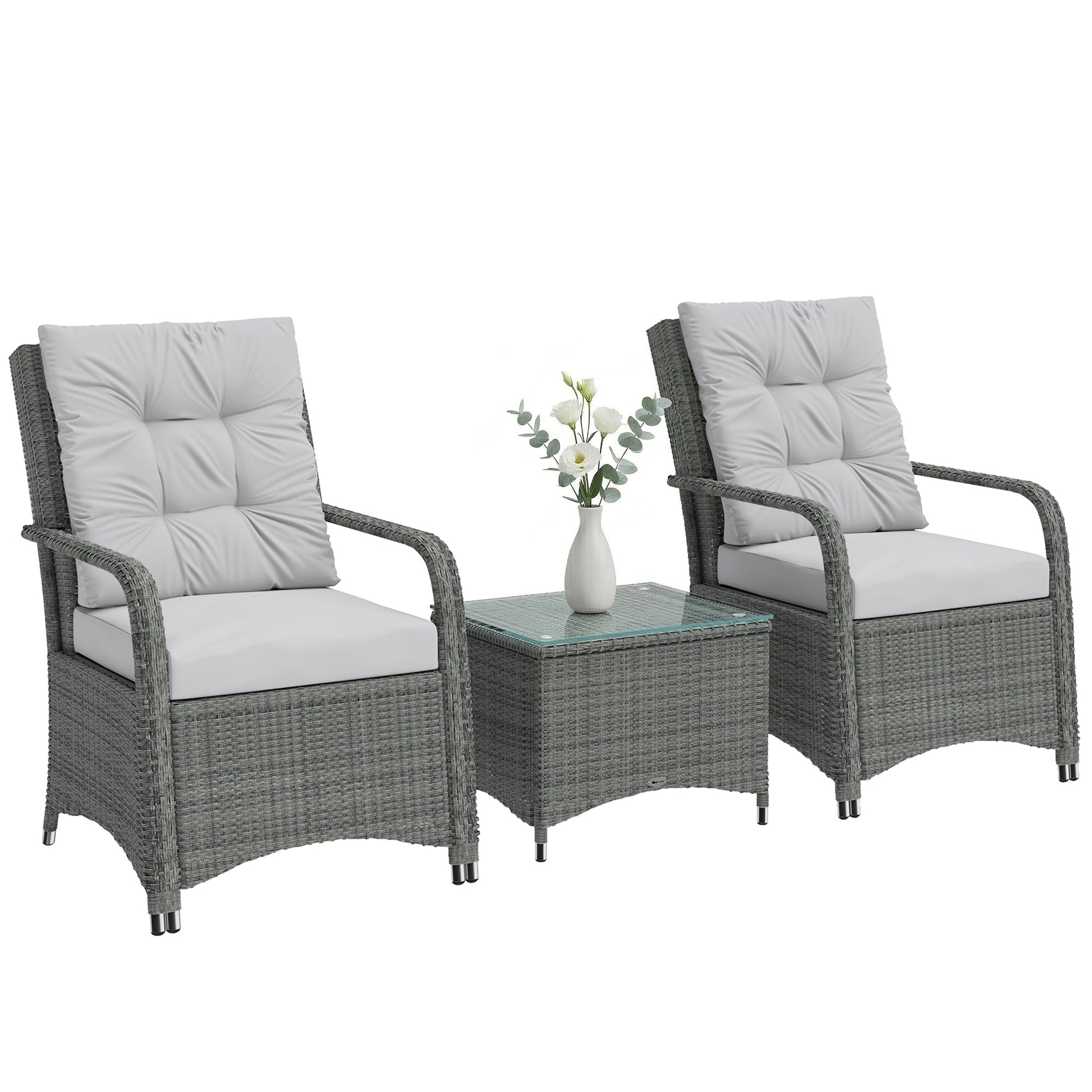 3 Pieces Rattan Bistro Set, Wicker Garden Furniture Set with Metal Frame, Cover, Glass Top Coffee Table, Chairs and Cushions for Outdoor, Patio, Balcony, Light Grey