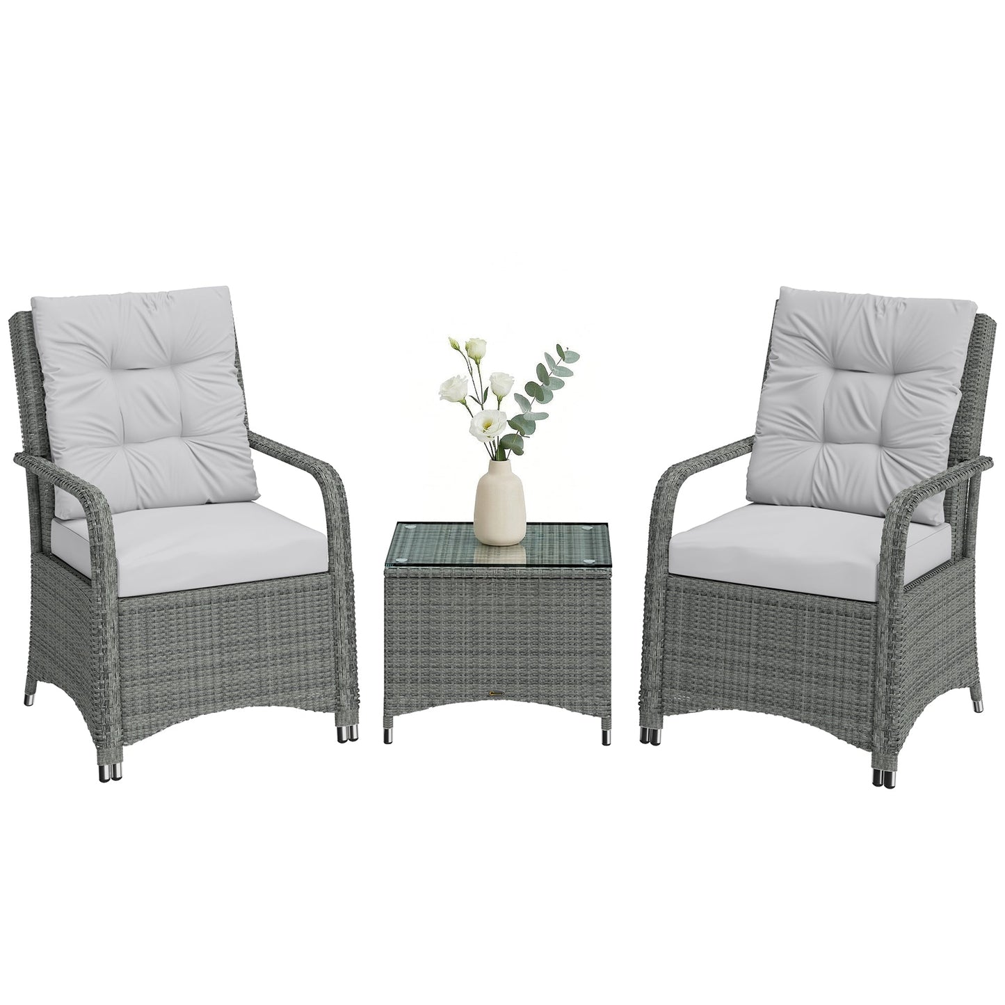 3 Pieces Rattan Bistro Set, Wicker Garden Furniture Set with Metal Frame, Cover, Glass Top Coffee Table, Chairs and Cushions for Outdoor, Patio, Balcony, Light Grey