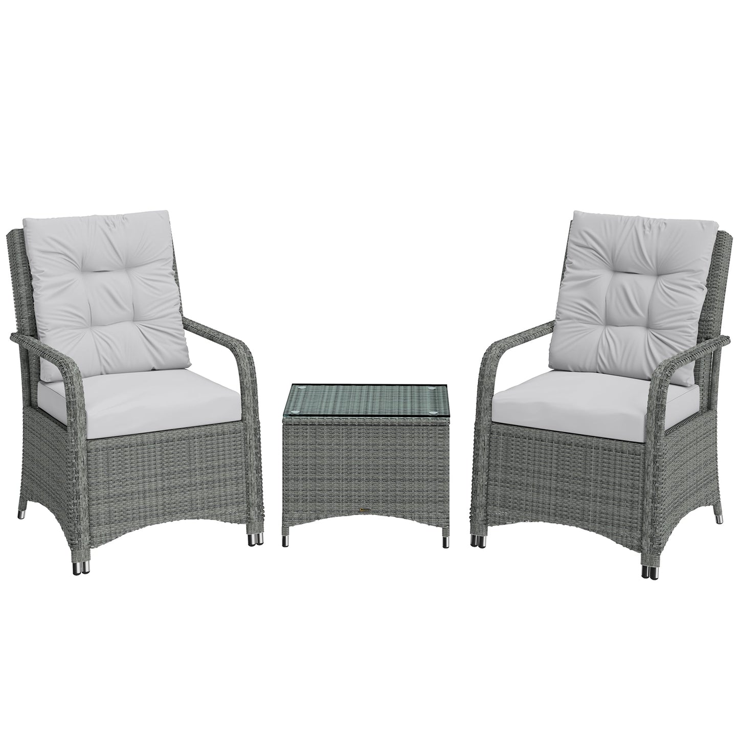 3 Pieces Rattan Bistro Set, Wicker Garden Furniture Set with Metal Frame, Cover, Glass Top Coffee Table, Chairs and Cushions for Outdoor, Patio, Balcony, Light Grey