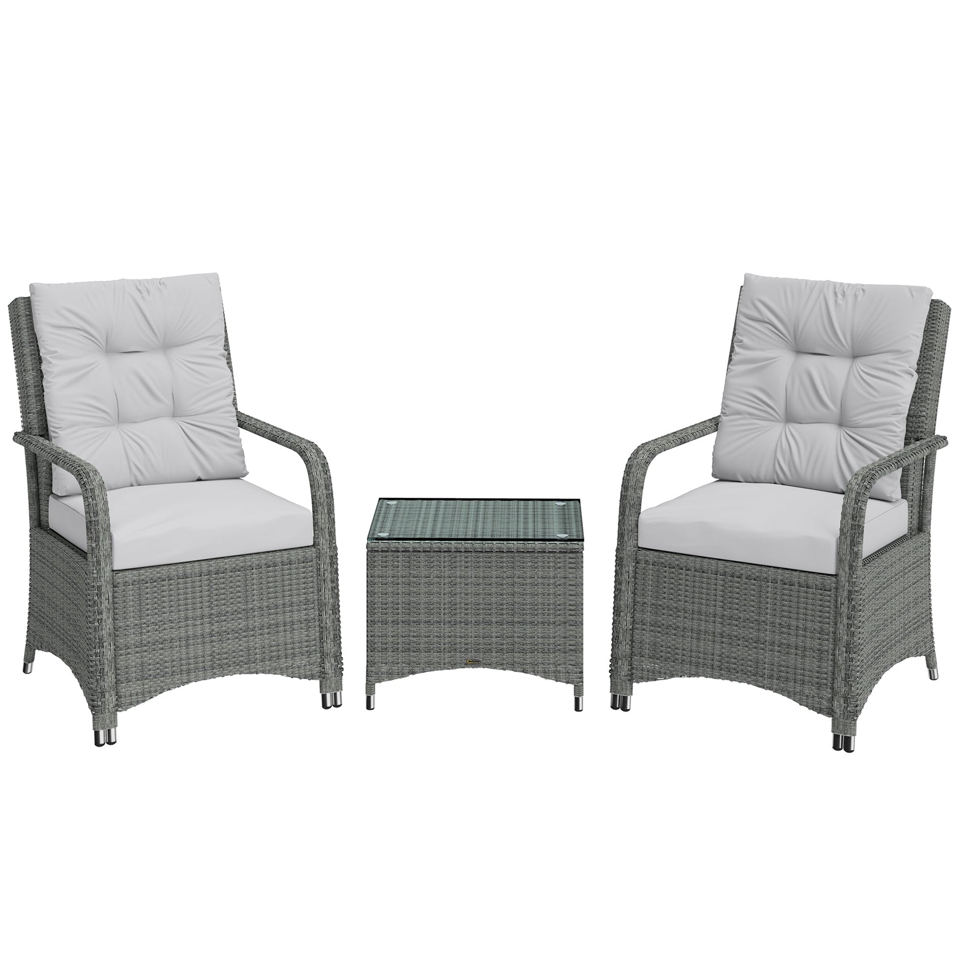 3 Pieces Rattan Bistro Set, Wicker Garden Furniture Set with Metal Frame, Cover, Glass Top Coffee Table, Chairs and Cushions for Outdoor, Patio, Balcony, Light Grey