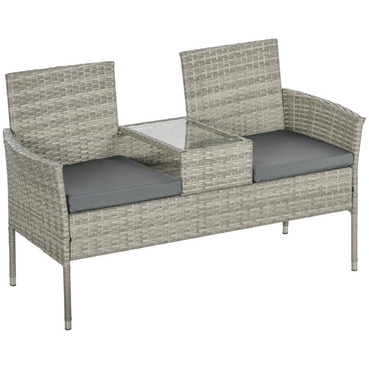 2 Seat Rattan Garden Bench, Patio Wicker Chair with Glass Tea Table, Outdoor Love Seat with Padded Cushions, for Garden, Porch, Poolside, Mixed Grey/Grey