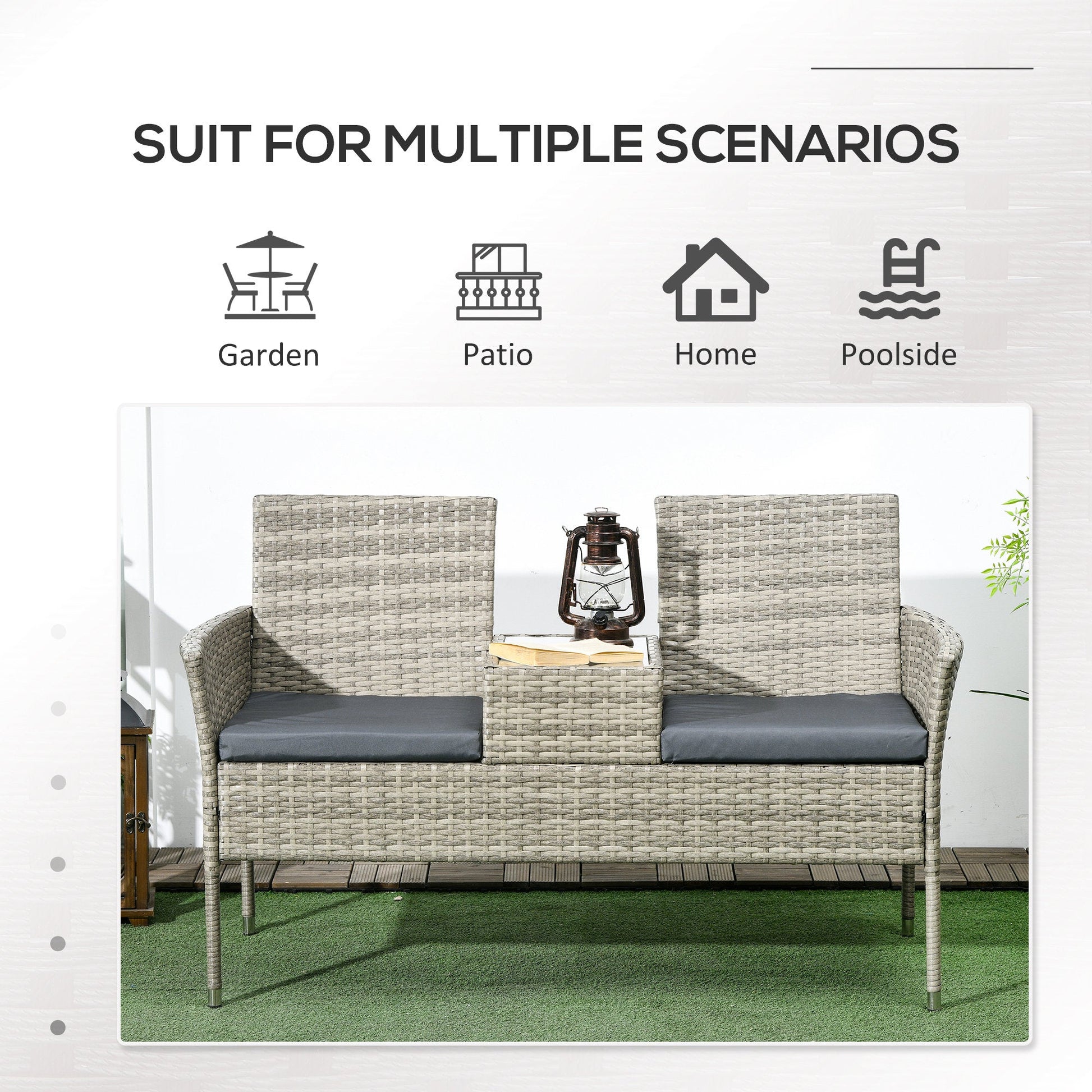 2 Seat Rattan Garden Bench, Patio Wicker Chair with Glass Tea Table, Outdoor Love Seat with Padded Cushions, for Garden, Porch, Poolside, Mixed Grey/Grey