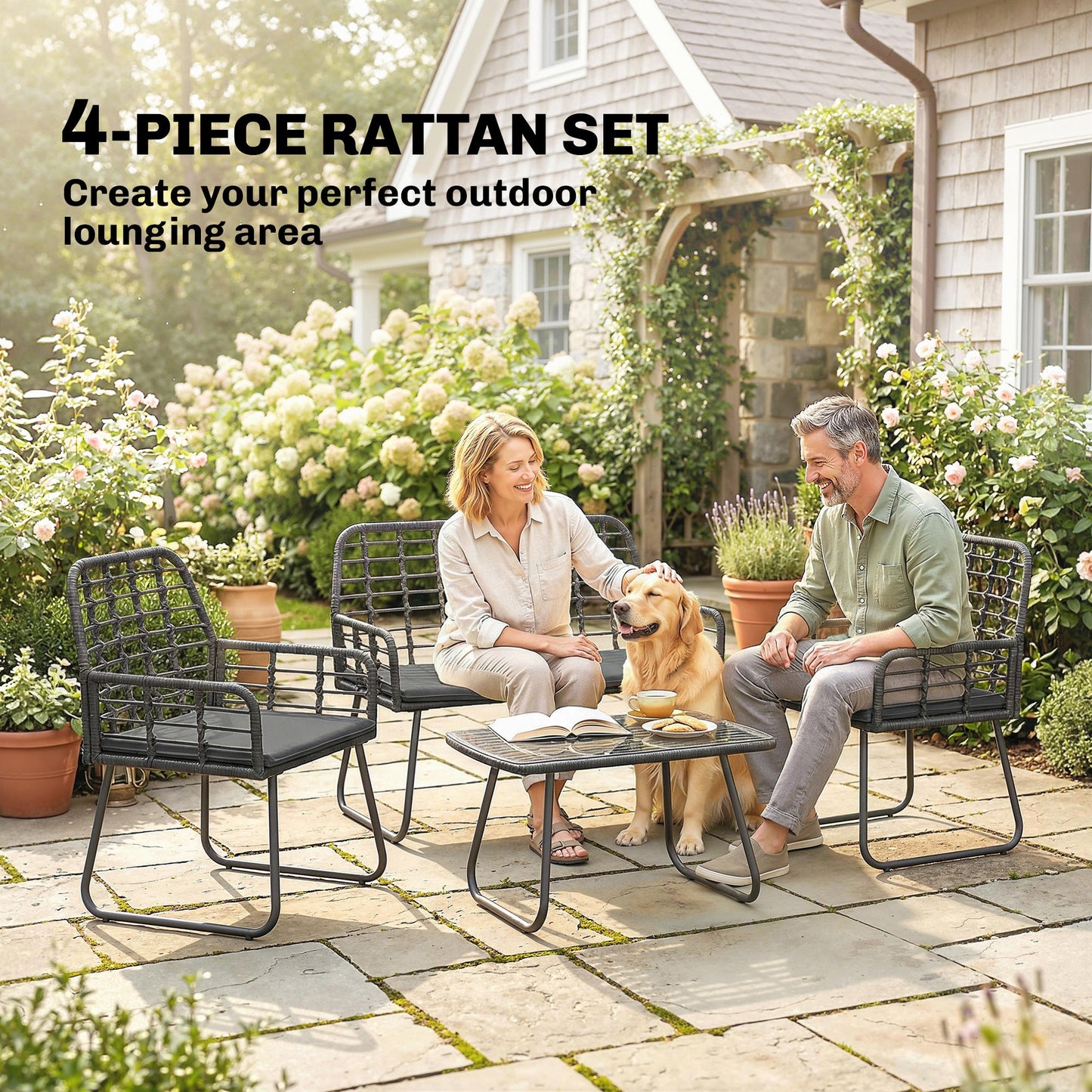 4 Piece Rattan Garden Furniture Set, Outdoor Patio Furniture with Loveseat, Armchairs and Coffee Table, Indoor Balcony Conservatory Set with Cushions for Garden, Poolside, Black