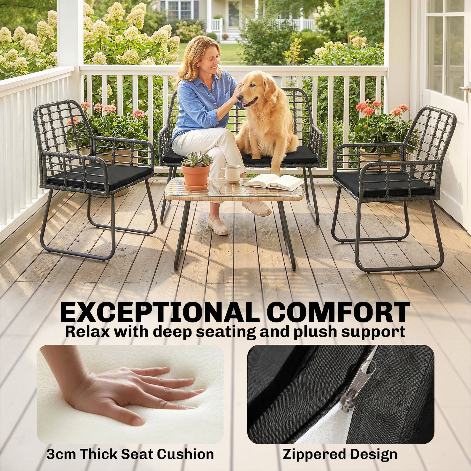 4 Piece Rattan Garden Furniture Set, Outdoor Patio Furniture with Loveseat, Armchairs and Coffee Table, Indoor Balcony Conservatory Set with Cushions for Garden, Poolside, Black