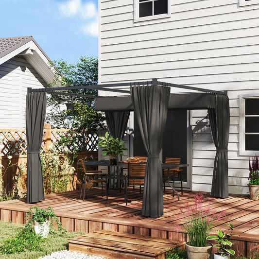 3 x 3(m) Pergola with Retractable Roof Canopy and Curtains, Metal Frame Garden Gazebo Outdoor Sun Shade Shelter for Grill, Patio, Deck, Charcoal Grey
