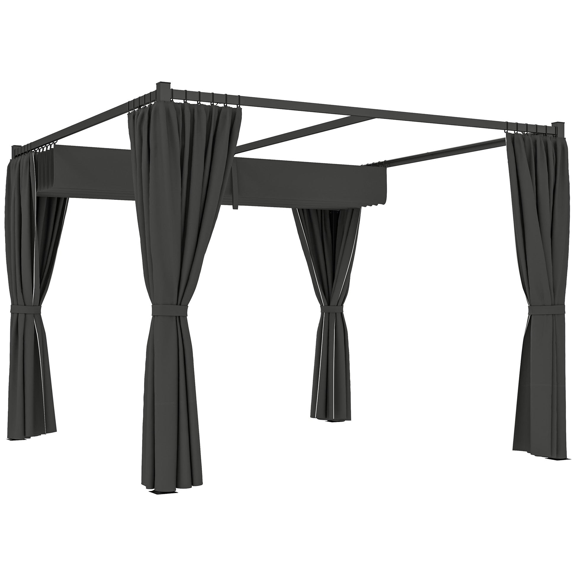 3 x 3(m) Pergola with Retractable Roof Canopy and Curtains, Metal Frame Garden Gazebo Outdoor Sun Shade Shelter for Grill, Patio, Deck, Charcoal Grey