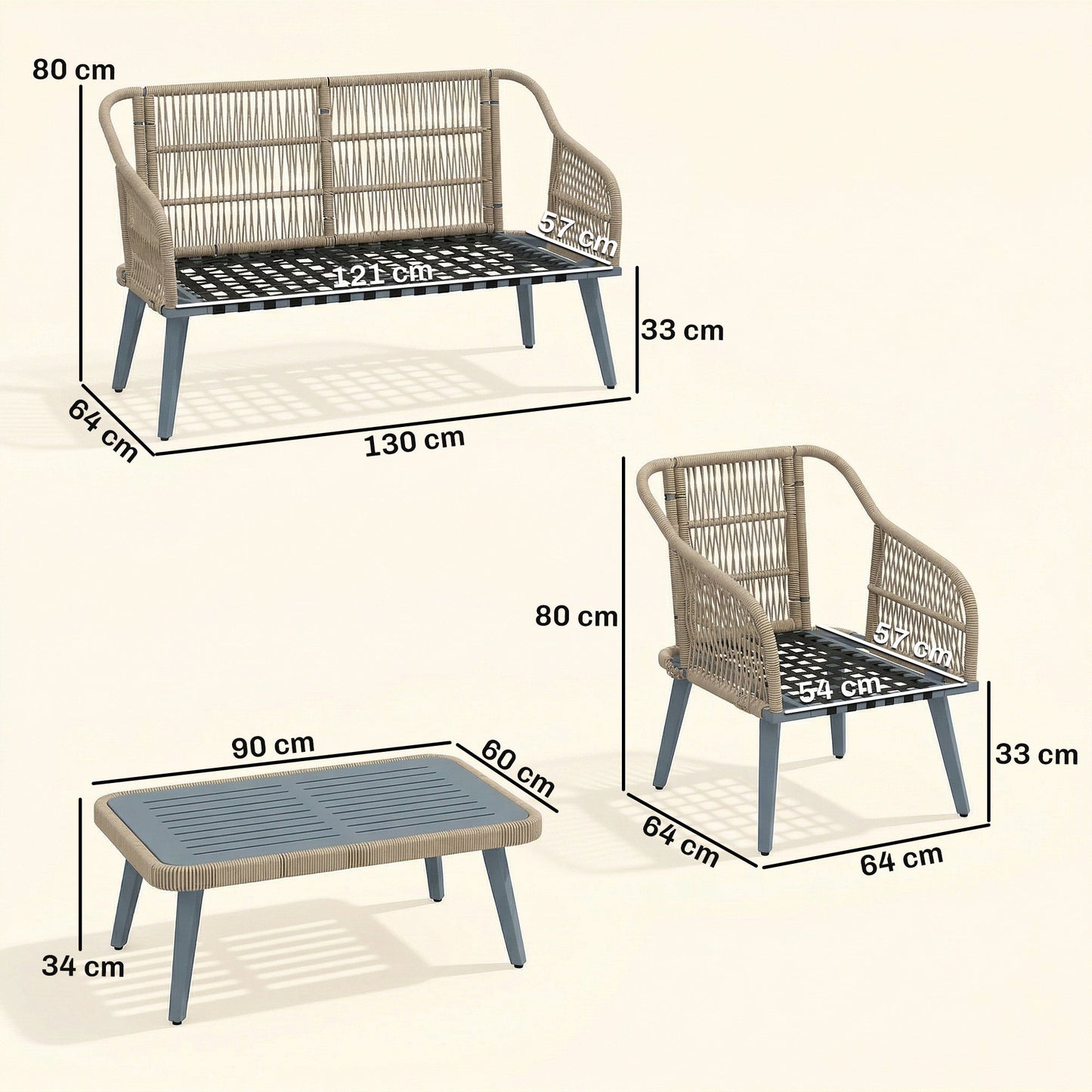4 Piece Rattan Garden Furniture Set with Loveseat, 2 Armchairs, Acacia Wood Table, Steel Frame 4 Seater Wicker Patio Conversation Set with Thick Cushions for Outdoor, Grey