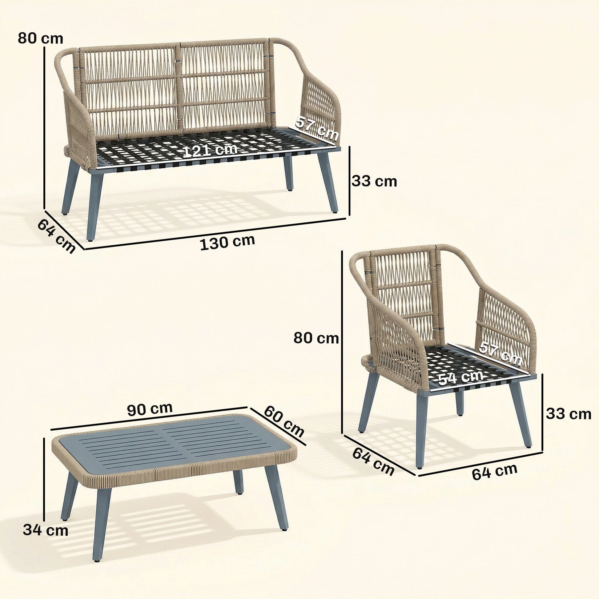 4 Piece Rattan Garden Furniture Set with Loveseat, 2 Armchairs, Acacia Wood Table, Steel Frame 4 Seater Wicker Patio Conversation Set with Thick Cushions for Outdoor, Grey