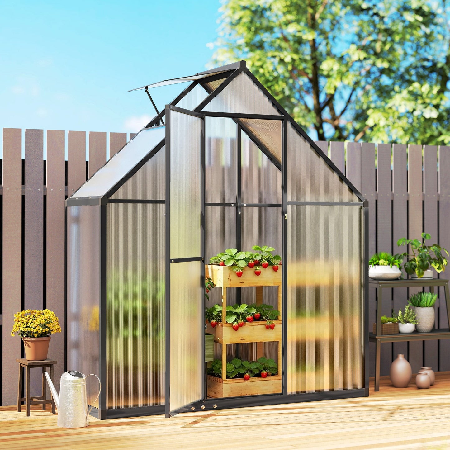 5.5 x 6.5ft Polycarbonate Greenhouse with Swing Door and Adjustable Window, Walk-in Greenhouse Aluminium Garden Green House for Patio Garden Backyard, Black