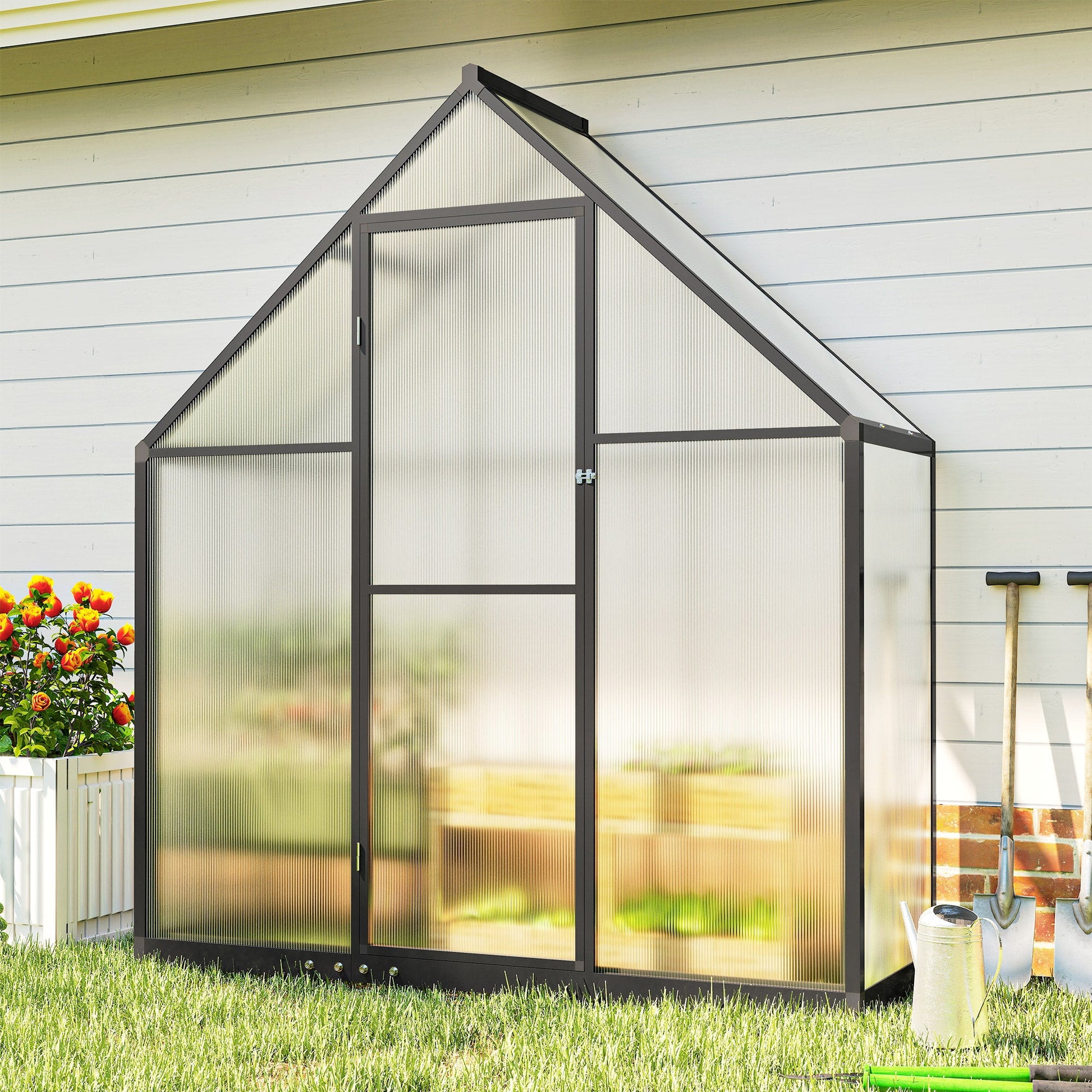 5.5 x 6.5ft Polycarbonate Greenhouse with Swing Door and Adjustable Window, Walk-in Greenhouse Aluminium Garden Green House for Patio Garden Backyard, Black