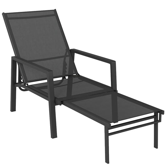 Sun Lounger with Retractable Footrest, 5-Position Adjustable Reclining Garden Lounger, Garden Chaise Lounge Sunbed Recliner Chair with Steel Frame for Beach, Porch, Patio, Camping, Black