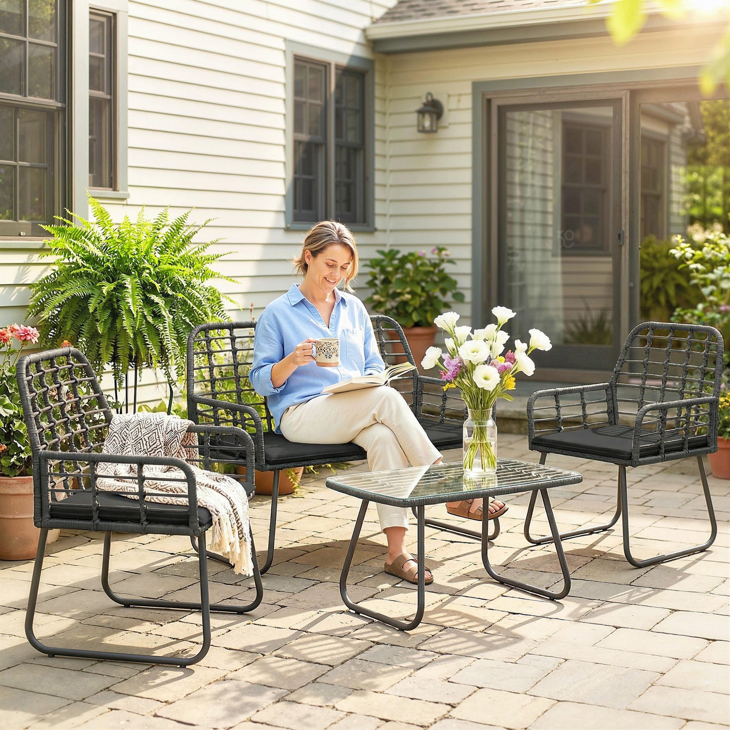 4 Piece Rattan Garden Furniture Set, Outdoor Patio Furniture with Loveseat, Armchairs and Coffee Table, Indoor Balcony Conservatory Set with Cushions for Garden, Poolside, Black