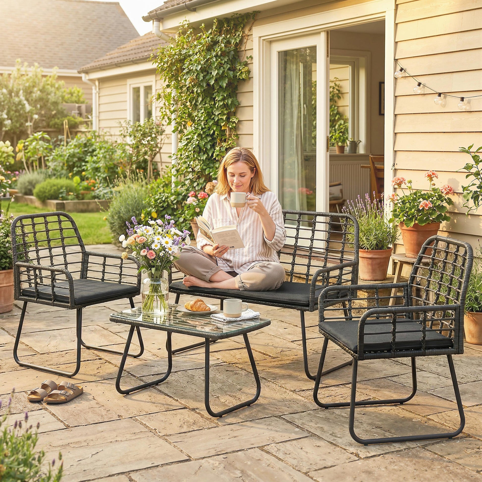 4 Piece Rattan Garden Furniture Set, Outdoor Patio Furniture with Loveseat, Armchairs and Coffee Table, Indoor Balcony Conservatory Set with Cushions for Garden, Poolside, Black