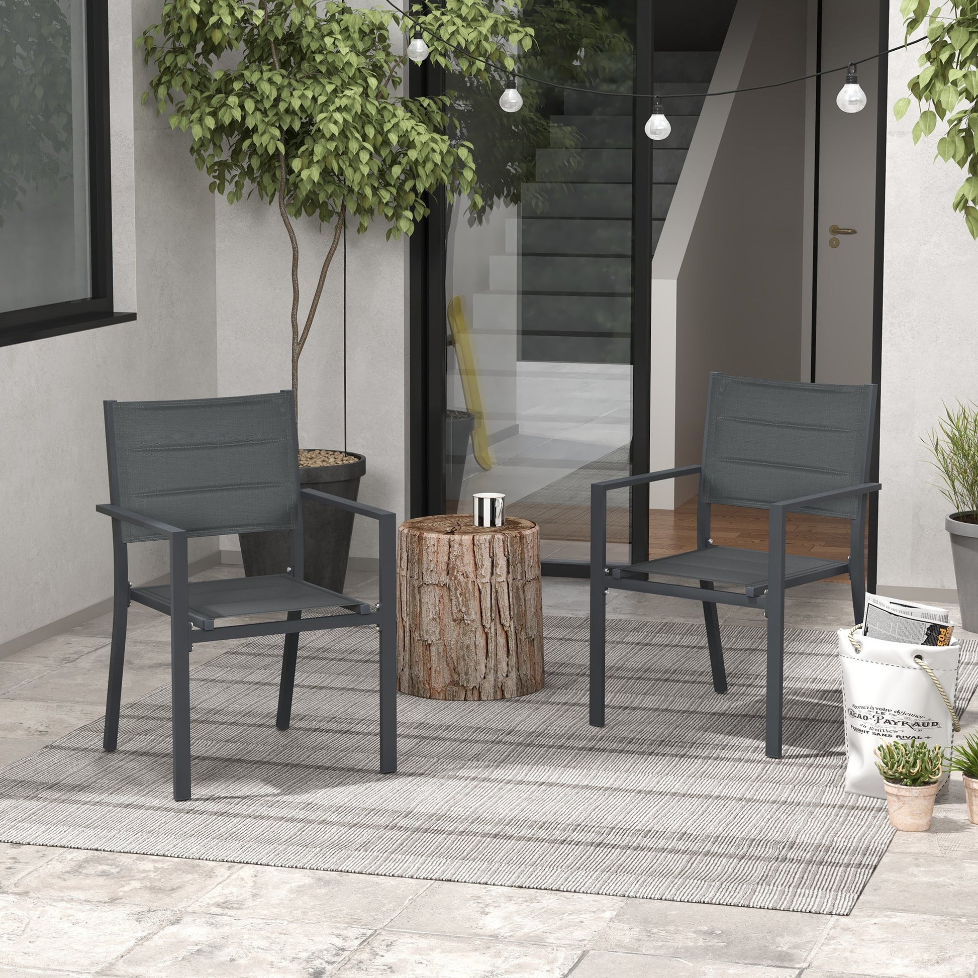 2 Pieces Garden Dining Chairs, Aluminium Outdoor Armchair for 2 with Breathable Mesh Fabric, Stackable Design, Dark Grey