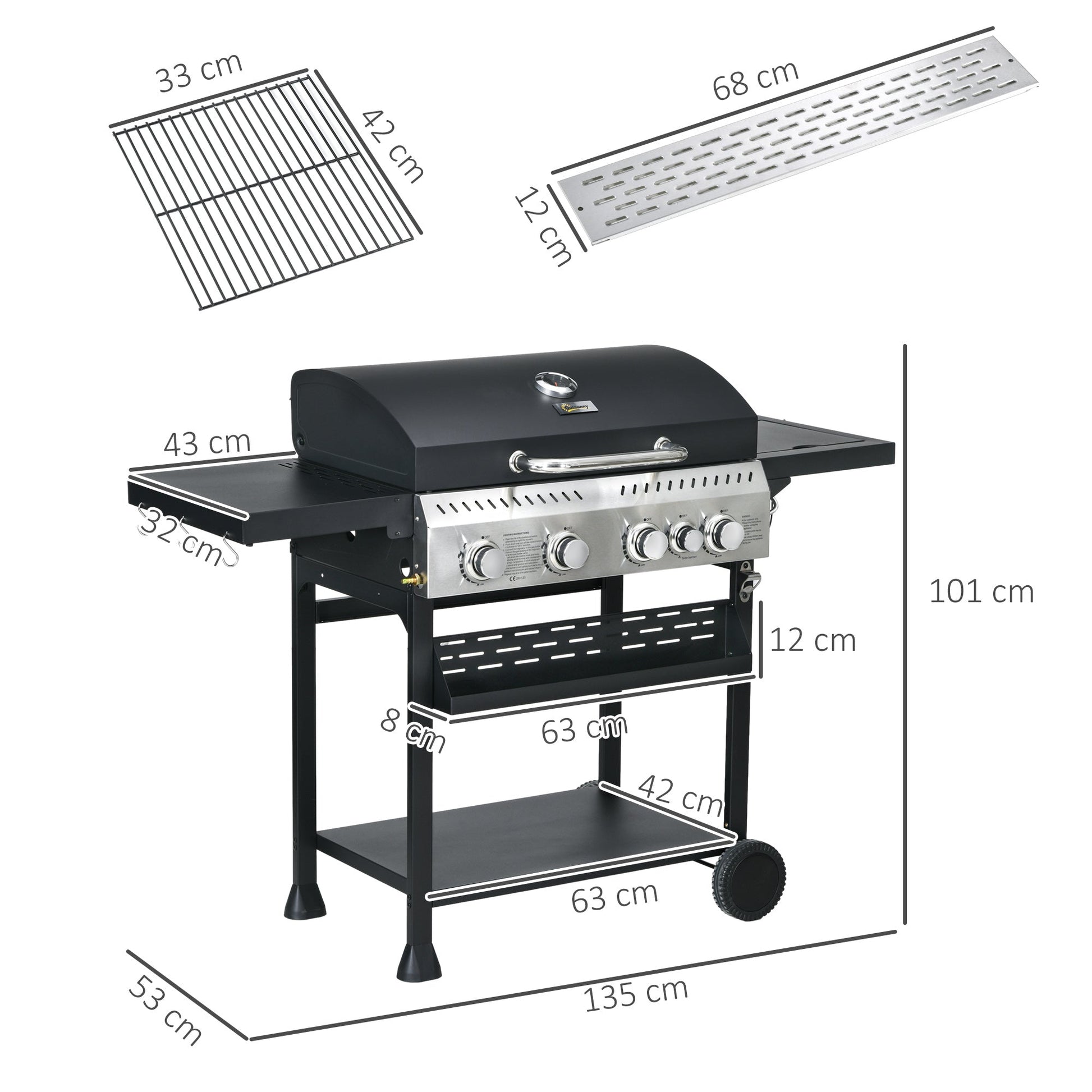 4+1 Gas Burner Grill, 12.5 kW Propane Gas Barbecue BBQ Grill with Wheels, Warming Rack, Shelves, Thermometer, Bottle Opener, Black