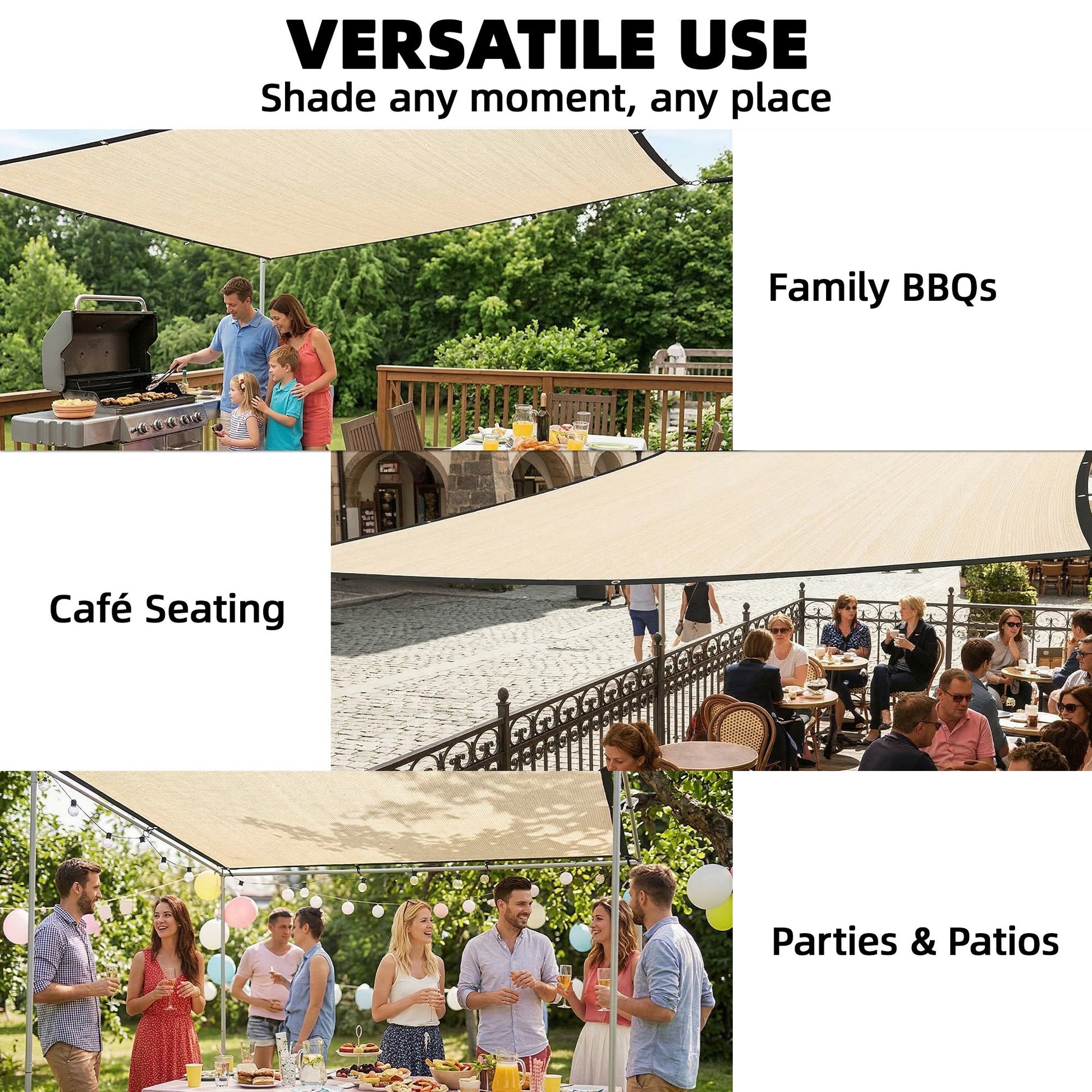 Sun Shade Sail, 2 x 3 m Rectangle Sunscreen Awning Canopy with Stainless Steel Eyelets and Bungee Cords, UV Protection Shade Sail  for Outdoors, Garden, Patio, Beige