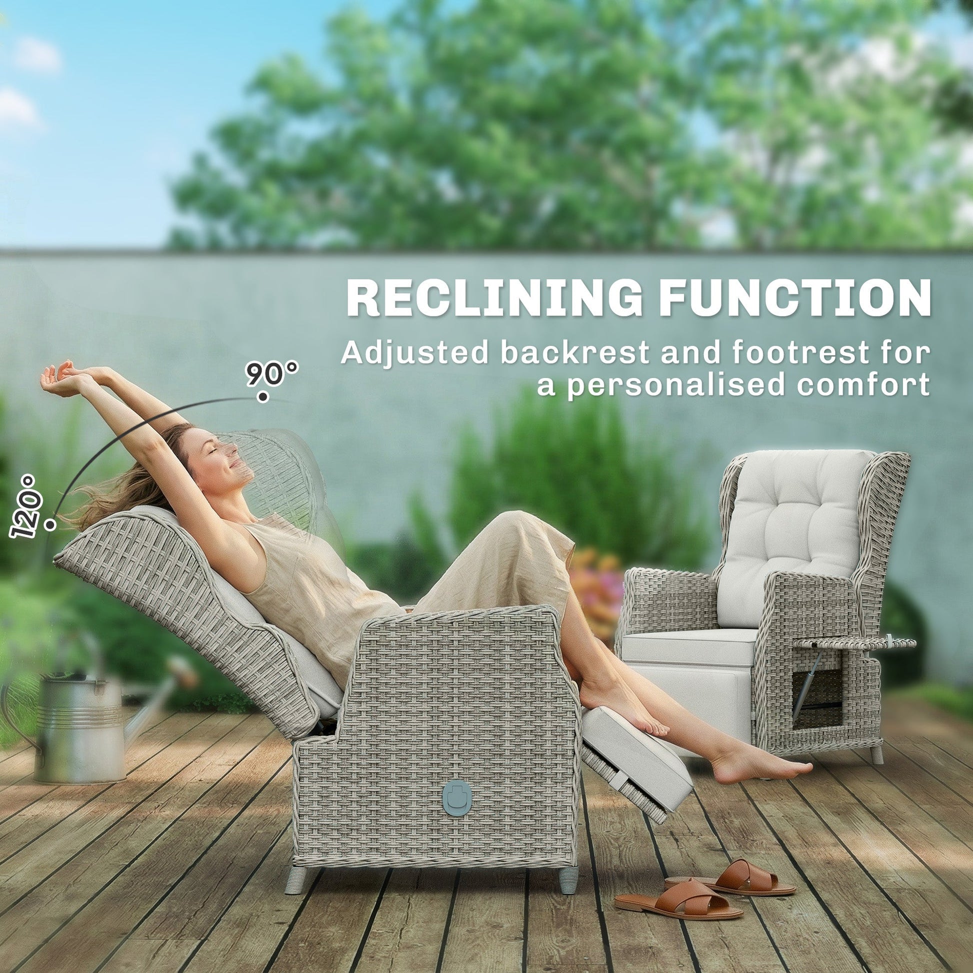 Rattan Garden Recliner Chair, Reclining Garden Chair with Adjustable Backrest and Footrest, Flip Table, Cushion, PE Wicker Outdoor Lounge Armchair Sun Lounger for Patio, Balcony, Light Grey