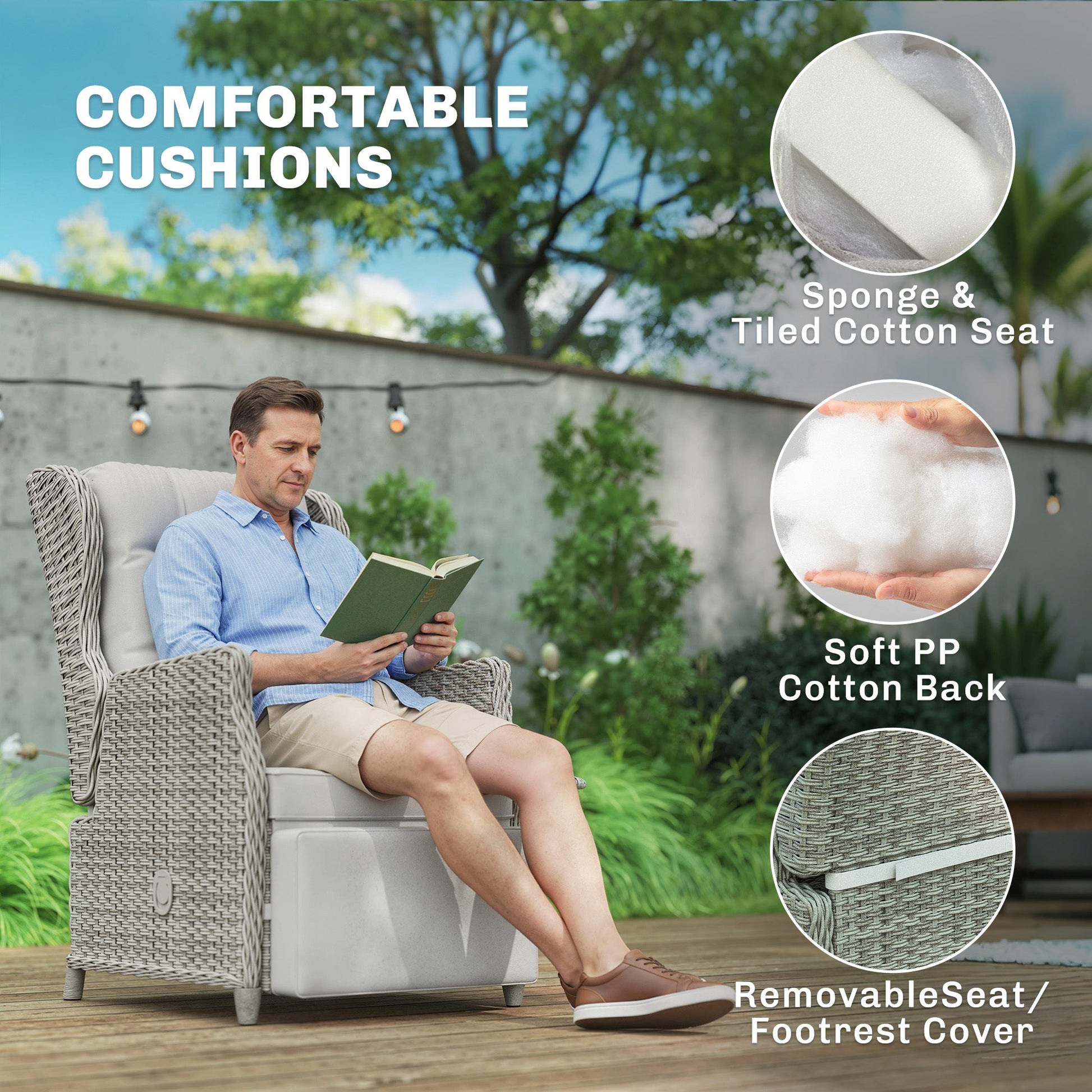 Rattan Garden Recliner Chair, Reclining Garden Chair with Adjustable Backrest and Footrest, Flip Table, Cushion, PE Wicker Outdoor Lounge Armchair Sun Lounger for Patio, Balcony, Light Grey
